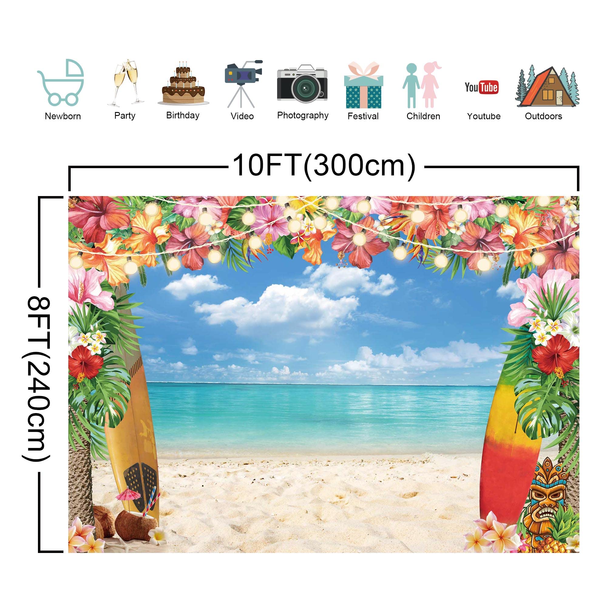 Livucee 10X8Ft Summer Hawaiian Luau Beach Backdrop For Photography Tropical Flower Luau Hawaiian Party Decorations Aloha Blue Sk