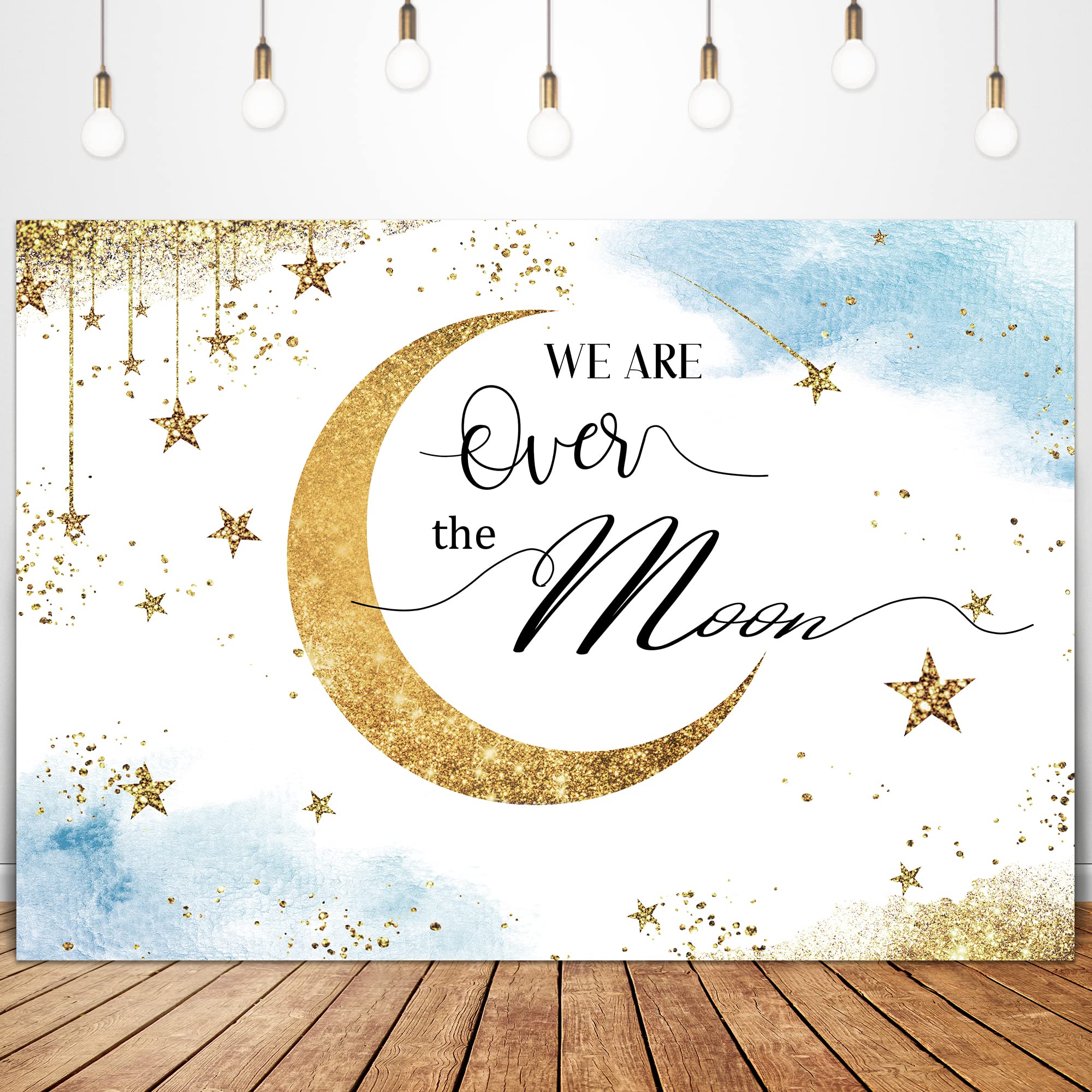 Glawry Over The Moon Baby Shower Backdrop 7Wx5H Feet Boho Blue Watercolor Shinning Stars Gold Dots Celestial Over The Moon Party