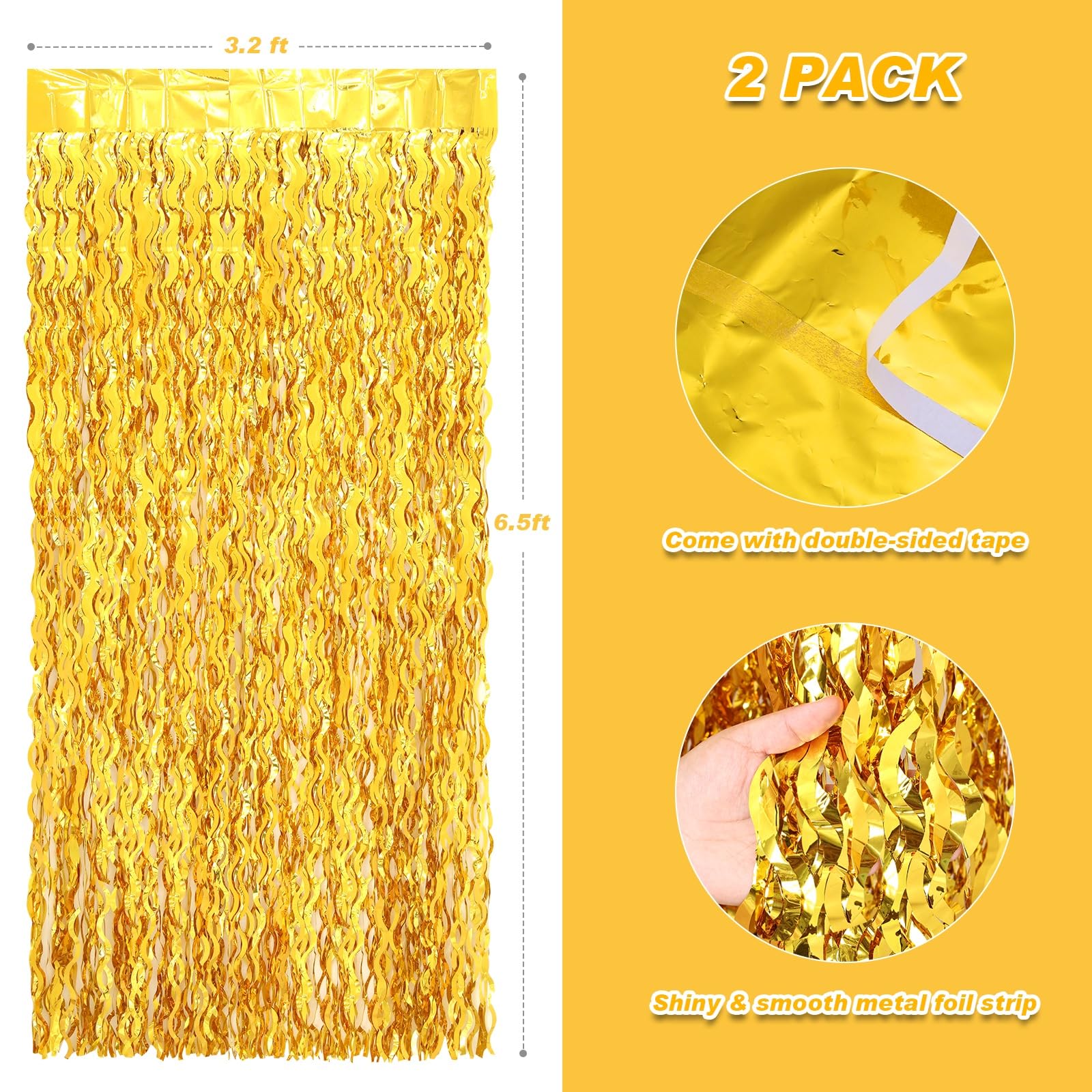Pigetale 2 Pack 3.2X6.5 Feet Wavy Gold Foil Fringe Backdrop Curtains Tinsel Streamers Dance Party Decorations Photo Booth Props