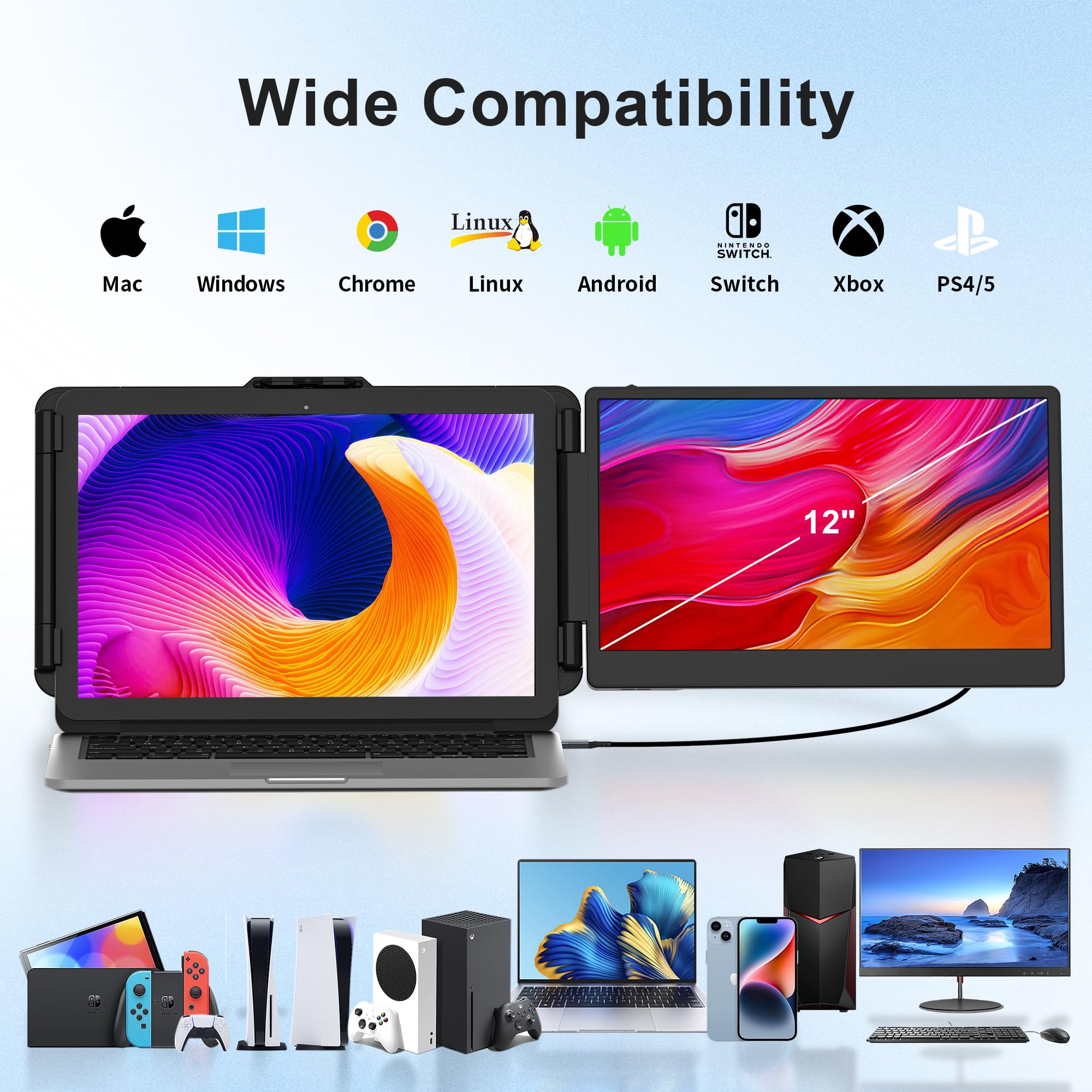 Venraty Laptop Screen Extender, 12'' Dual Laptop Monitor Extender, Hdmi/Usb C Plug Play Portable Monitor Display For Laptop, Com