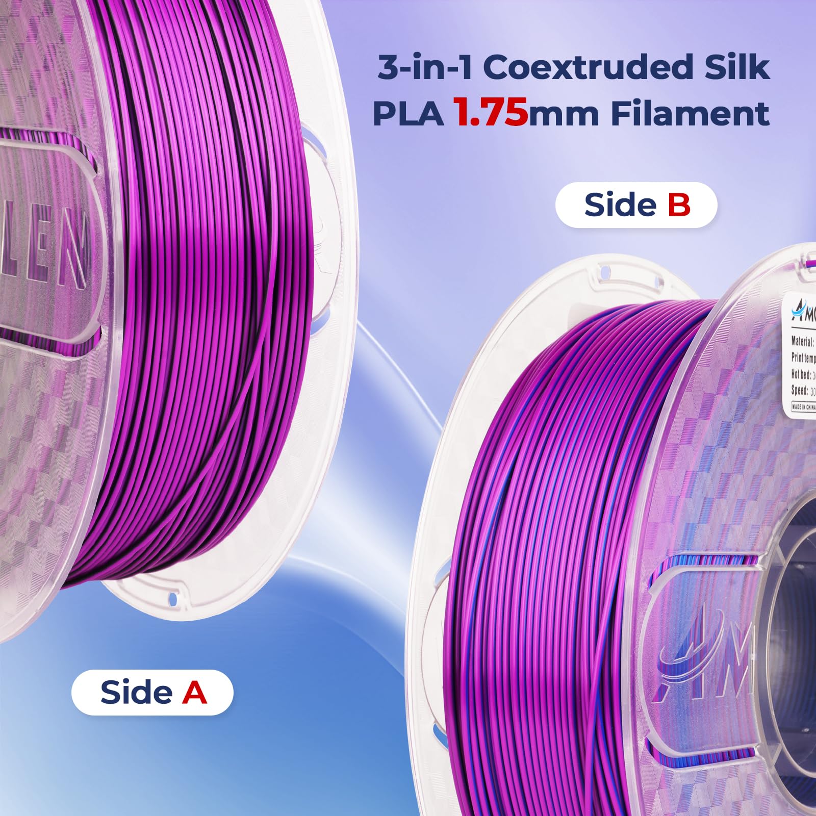 Amolen 3D Printer Filament Tri Color Silk Pla Filament 1.75Mm,Black Blue Purple 3D Printing Coextrusion Filament,1Kg/2.2Lbs