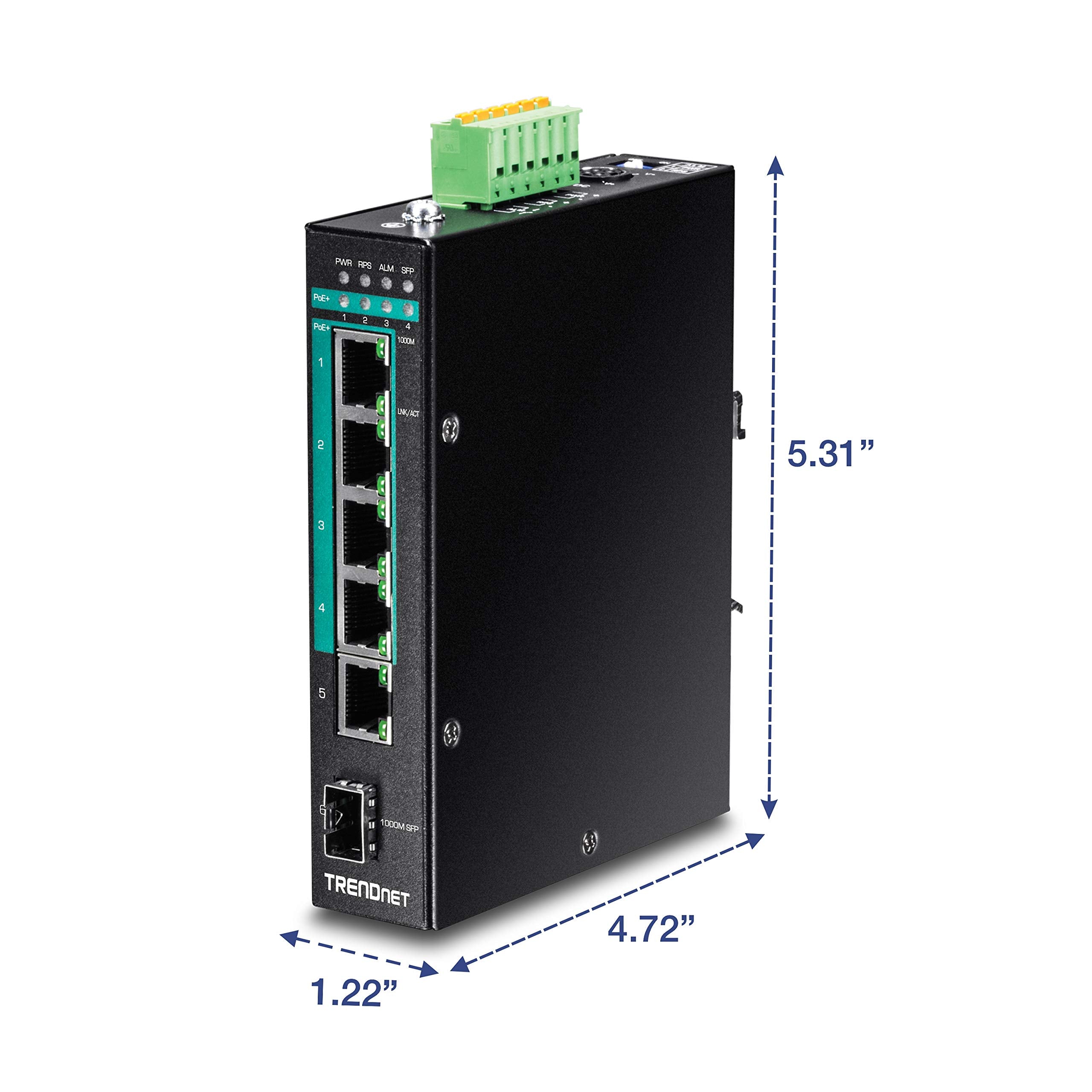 Trendnet 6 Port Hardened Industrial Gigabit Poe+ Layer 2 Managed Din Rail Switch, 4 X Gigabit Poe+ 802.3At Ports, 1 X Gigabit Po