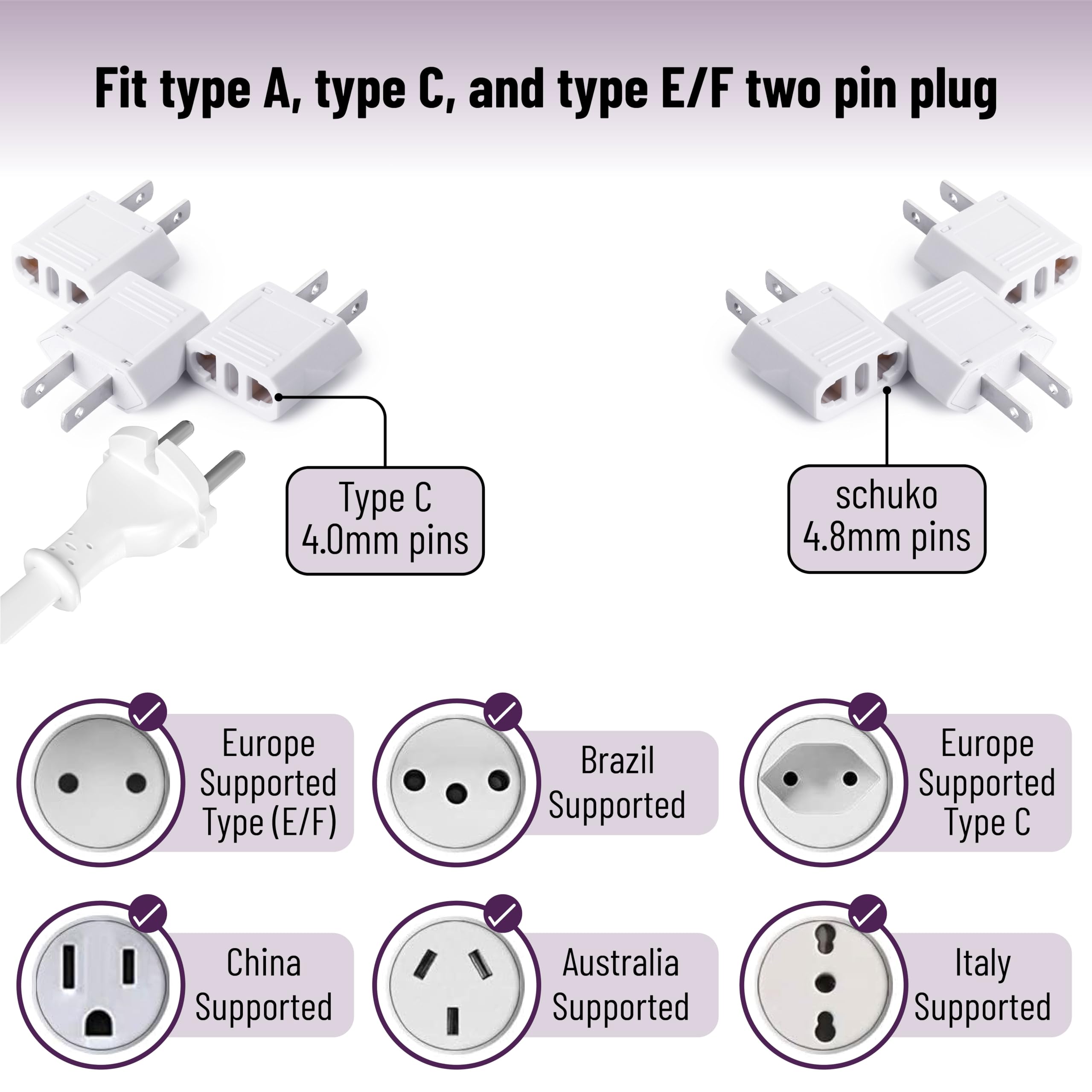 Bates European to US Plug Adapter, 10 Pack, White, Model STCG010B324VQ, EU to USA Conversion