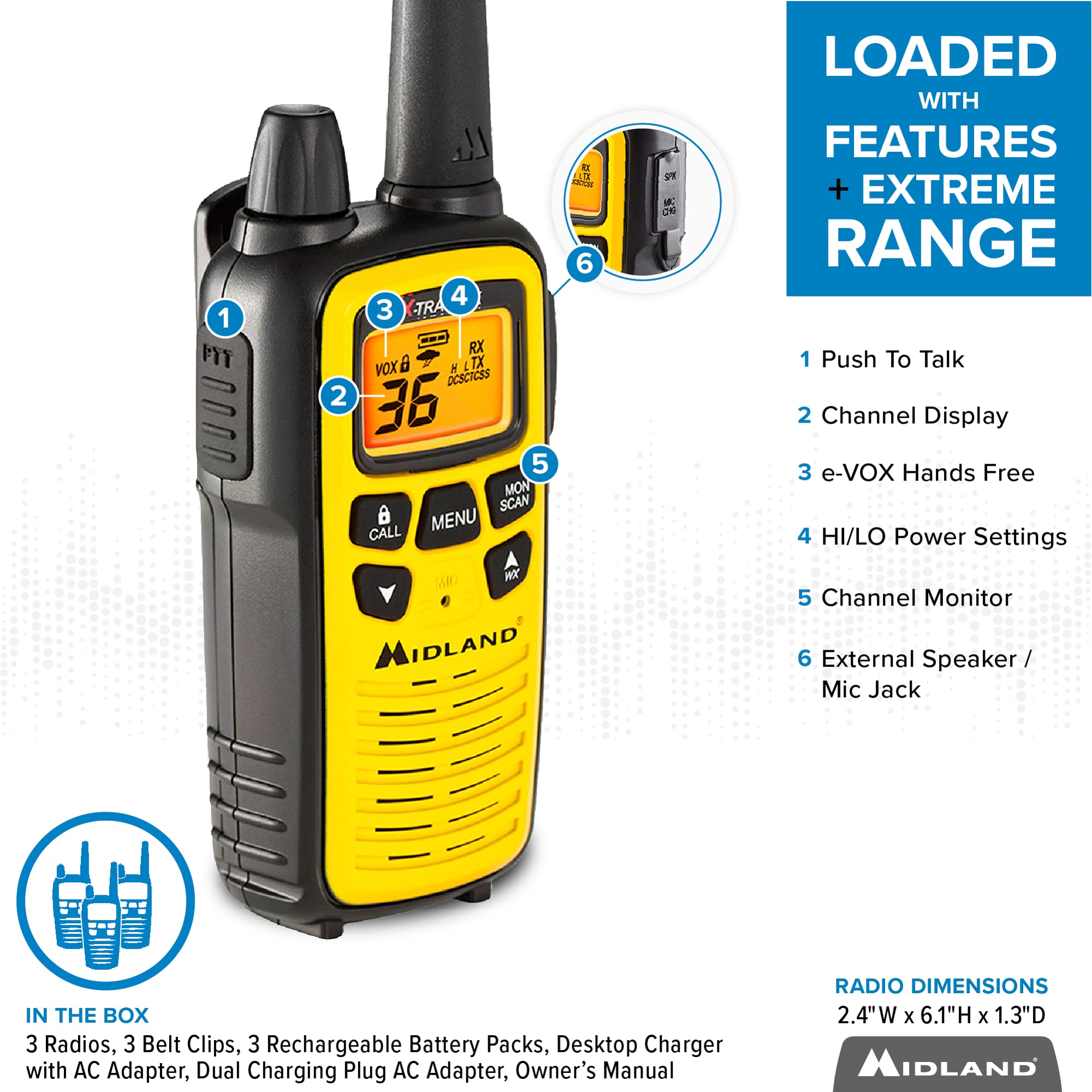 Midland 36 Channel Frs Two Way Radio   Long Range Walkie Talkie, 121 Privacy Codes, Noaa Weather Scan + Alert (Yellow/Black, 3 Pack)