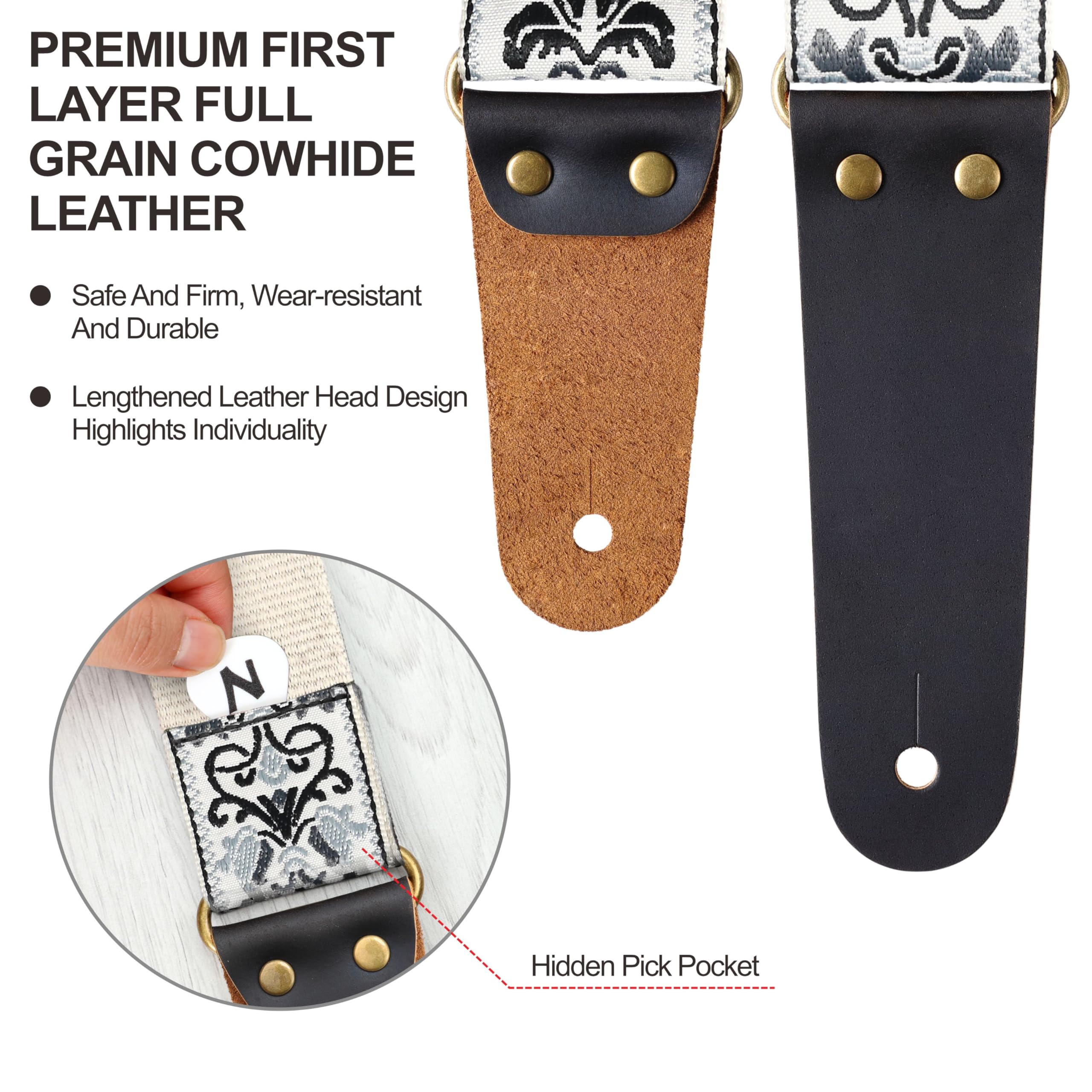 Nefelibata Guitar Strap, Embroidered Cotton Guitar Straps With Head Cowhide Leather Ends For Bass, Electric & Acoustic Guitar, W