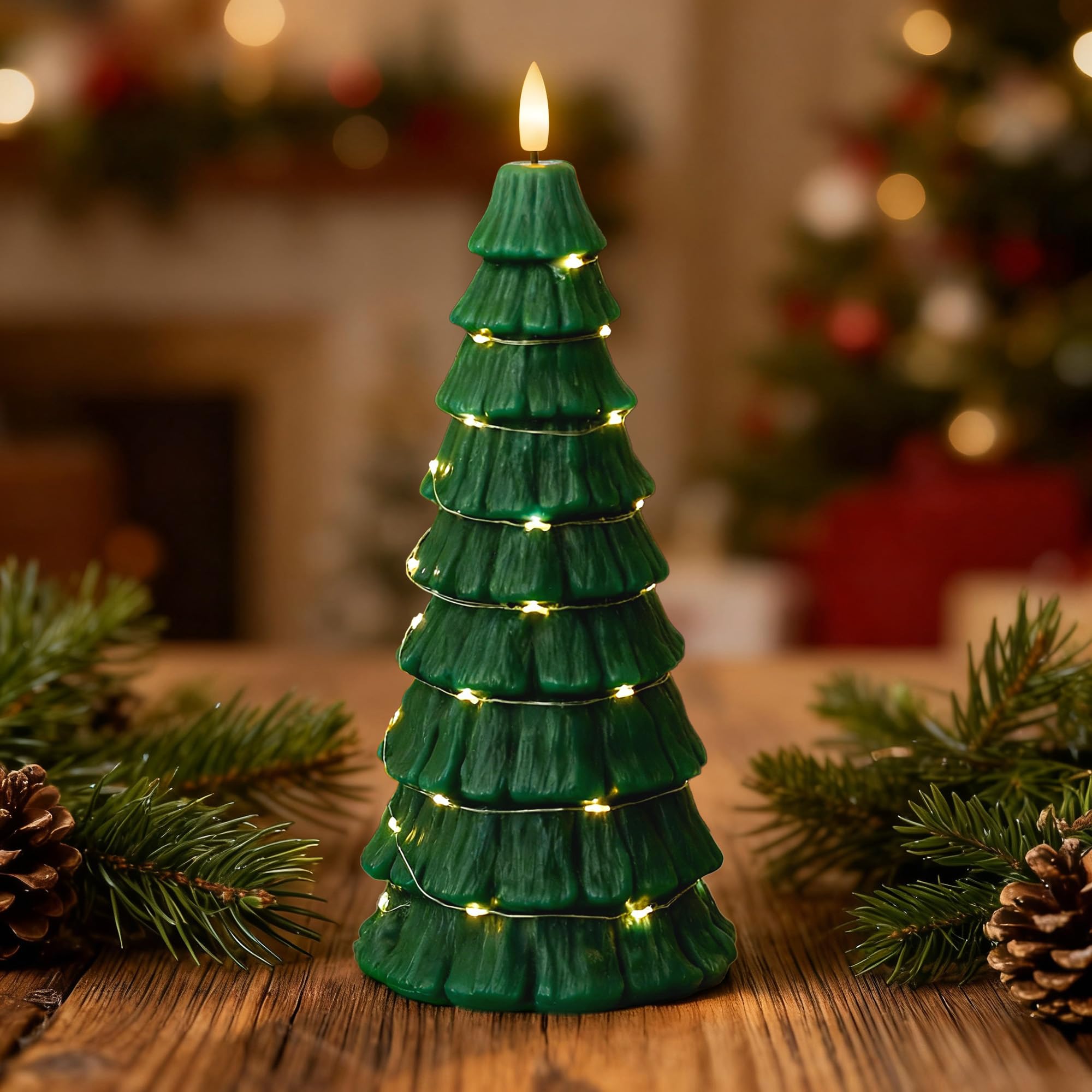 AFINETH Christmas Tree Candles with Remote, Christmas Flameless Candles with Embedded Star String Fairy Lights, Battery Operated