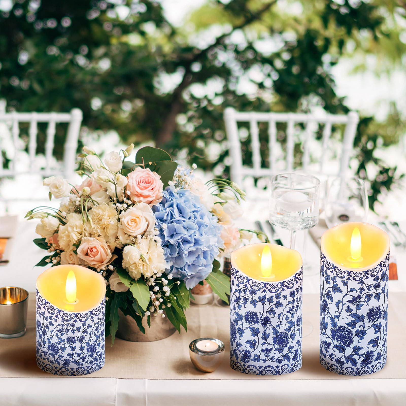 Tujoe 3 Pcs Chinoiserie Flameless Candles Blue And White Battery Operated Candles Blue White Floral Printed Faux Candles With Re
