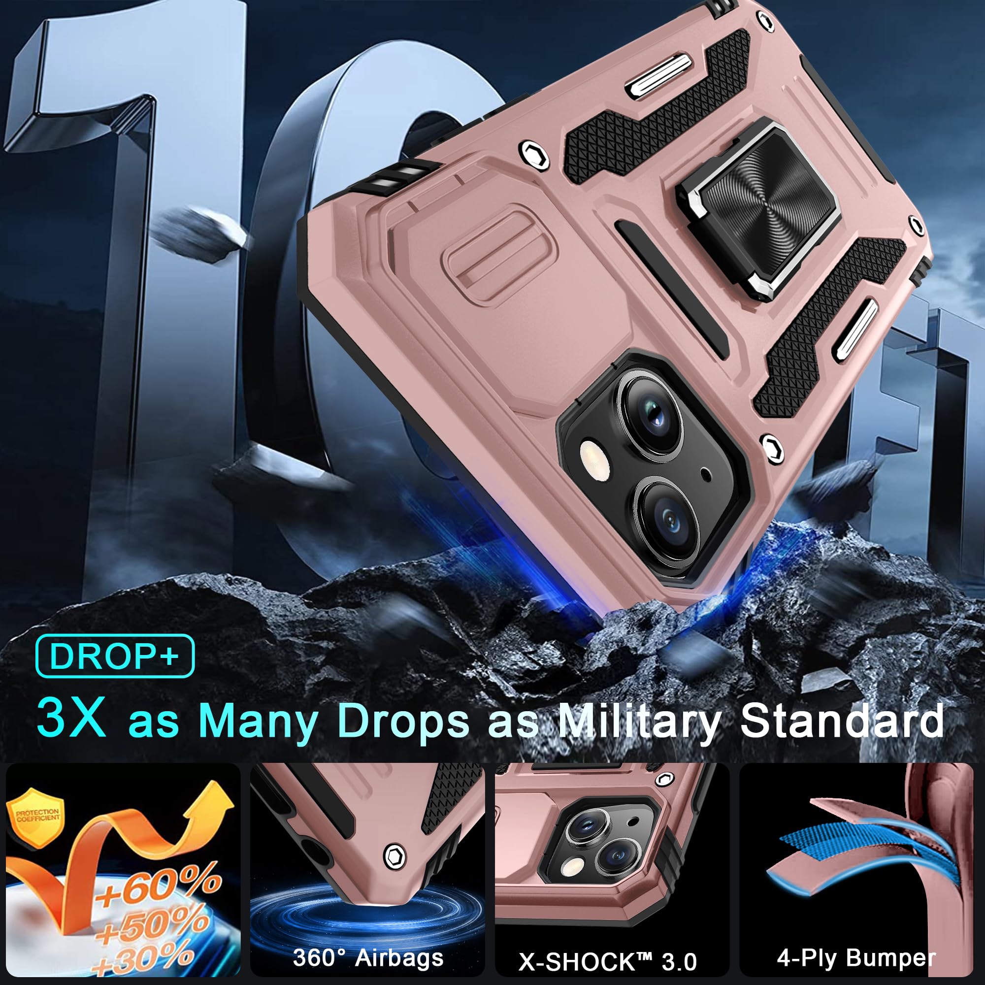 Deerlamn Case For Iphone 15 With Slide Camera Cover + Screen Protector (2 Packs), Rotated Ring Kickstand Military Grade Shockpro