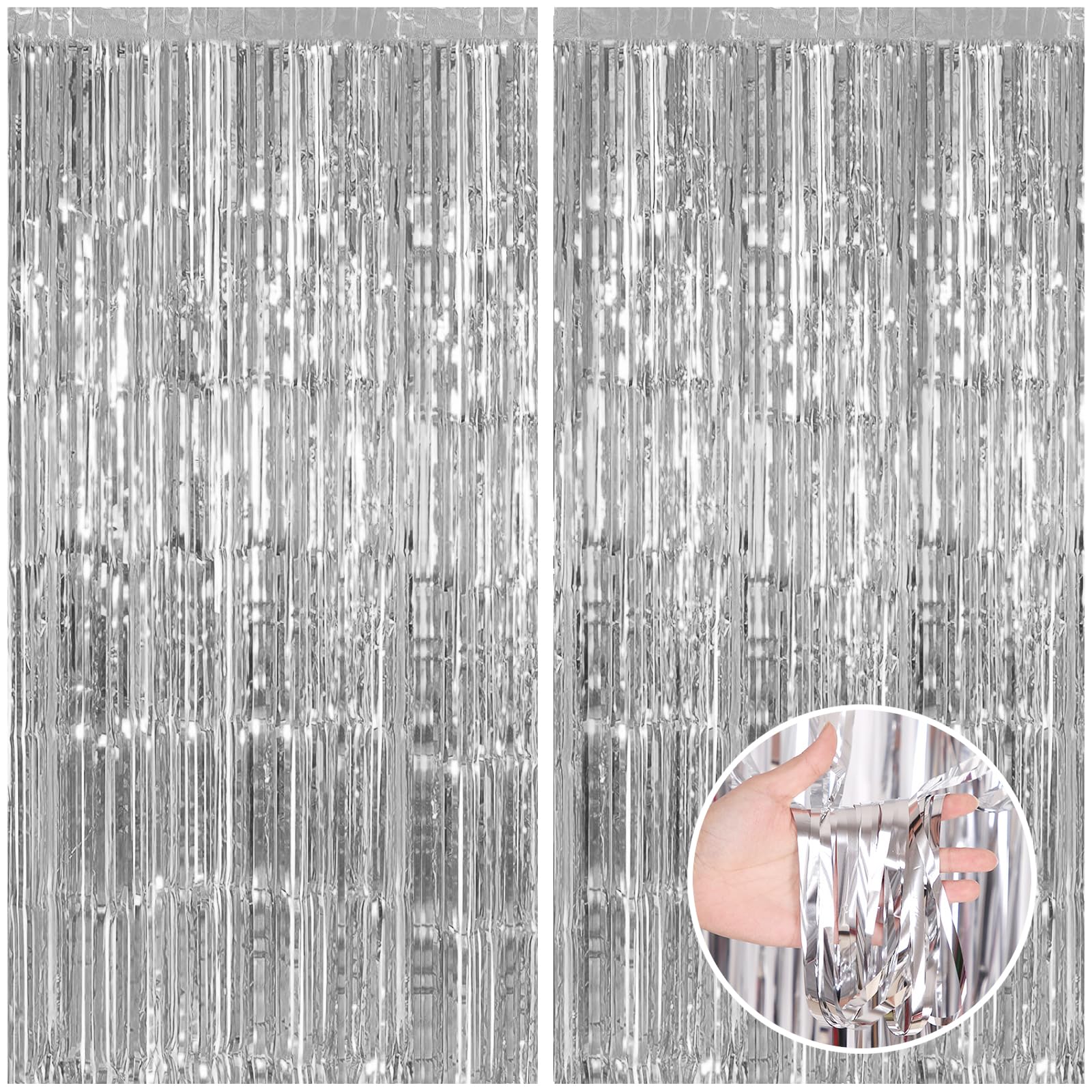 Canrevel 2 Pack 3.3X8.2 Feet Silver Foil Fringe Backdrop Curtains, Tinsel Streamers Birthday Party Decorations, Fringe Backdrop