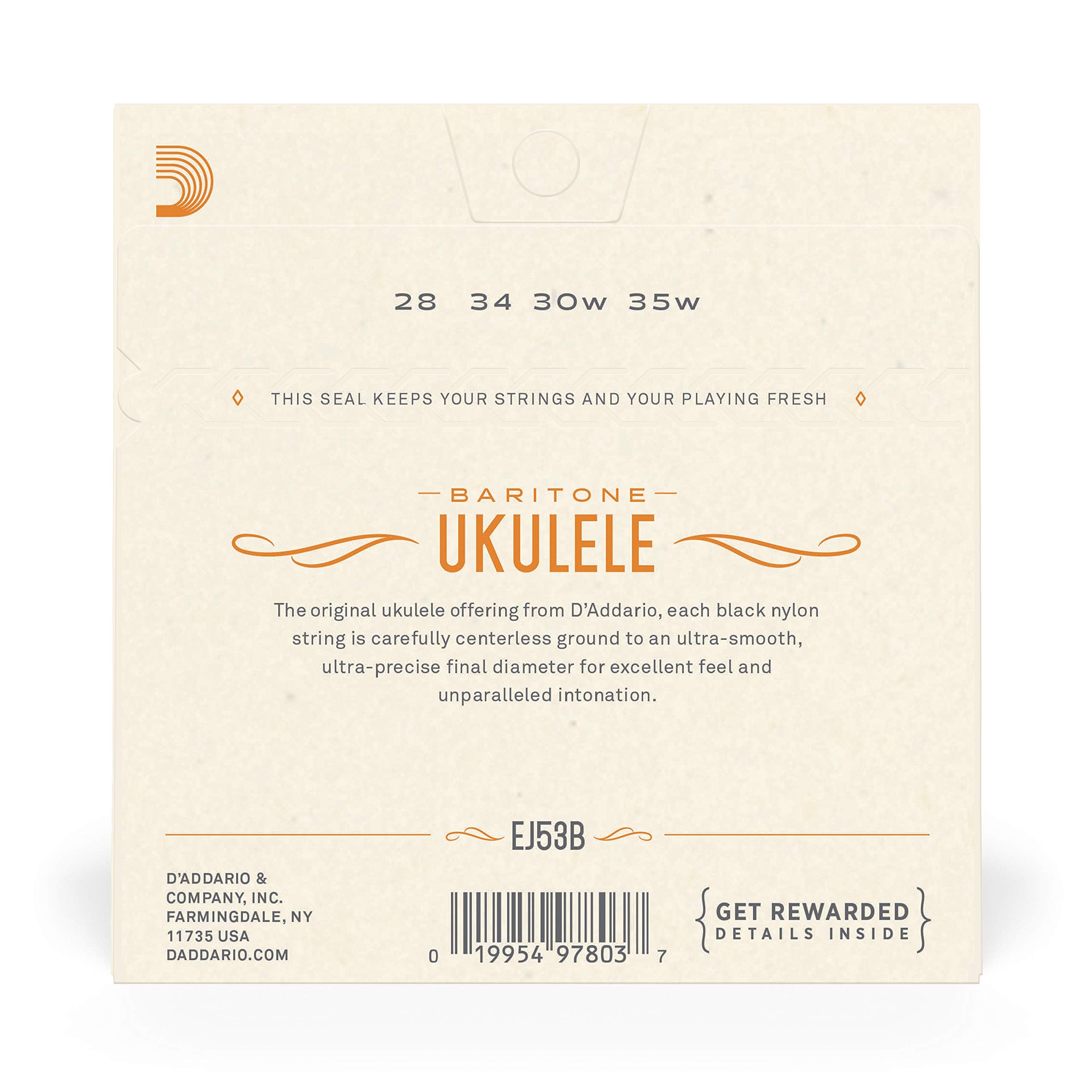 Daddario Baritone Ukulele Strings, Black Nylon, Ej53B, 4-String Set, Pack Of 1