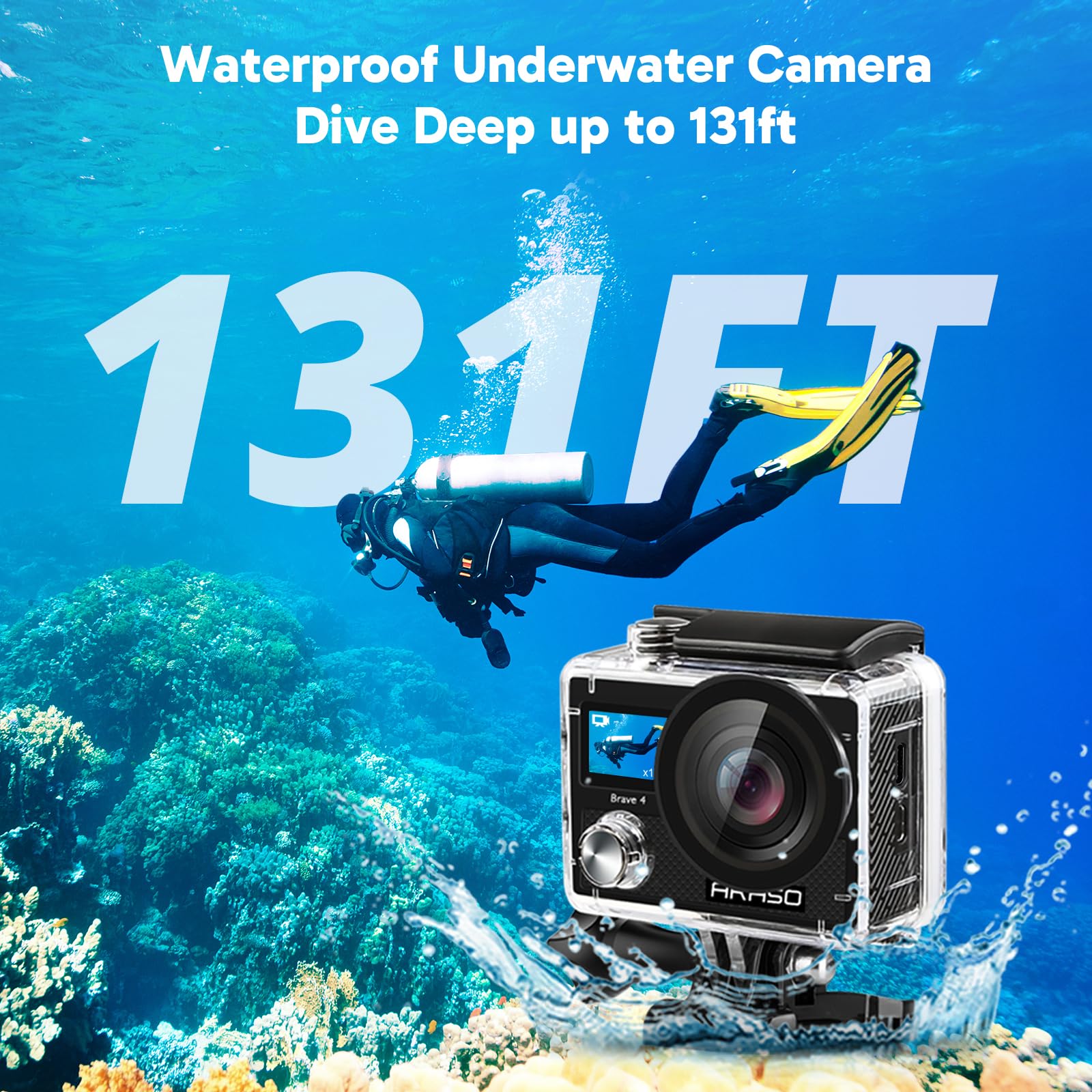 Akaso Brave 4 Action Camera 4K 30Fps With 64Gb Microsdxc Memory Card Accessories Kit Bundle, 20Mp Ultra Hd 131Ft Waterproof Unde