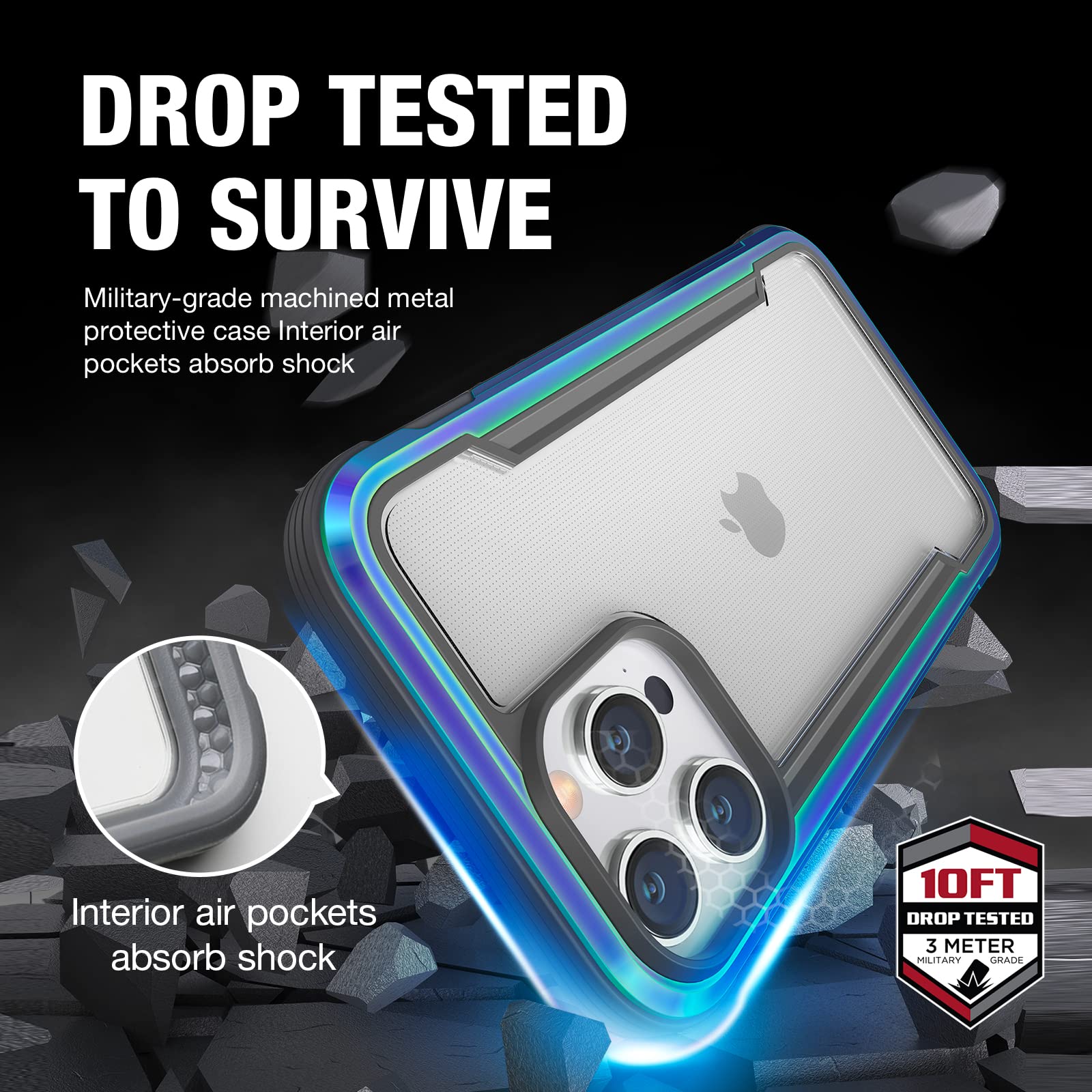 Raptic Shield For Iphone 14 Pro Case, Shockproof Protective Clear Case, Military Grade 10Ft Drop Tested, Durable Aluminum Frame,