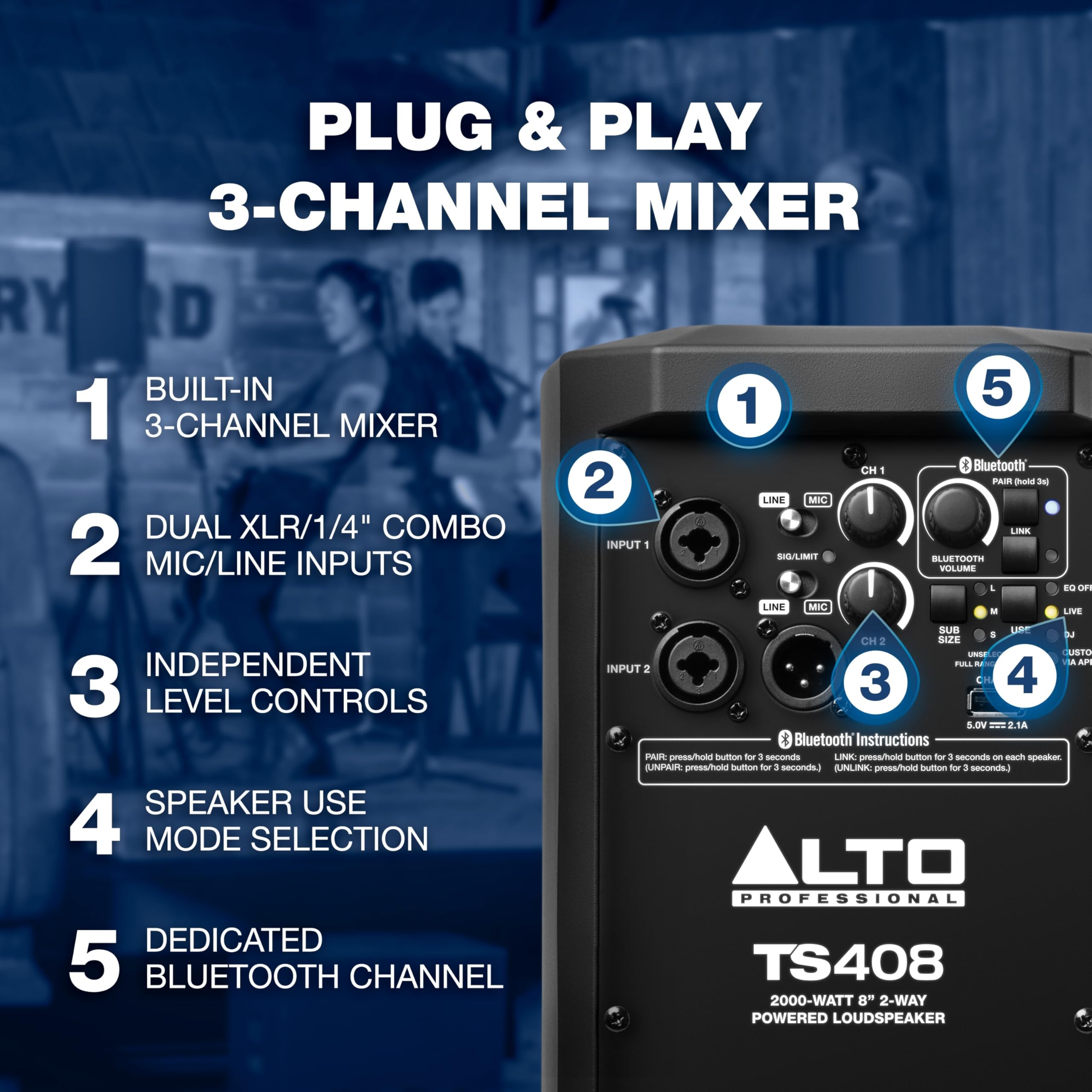 Alto Ts408 2000W 8 Powered Pa Speaker With 3 Channel Mixer, Bluetooth Streaming, Wireless Loudspeaker Linking, Dsp And Alto App
