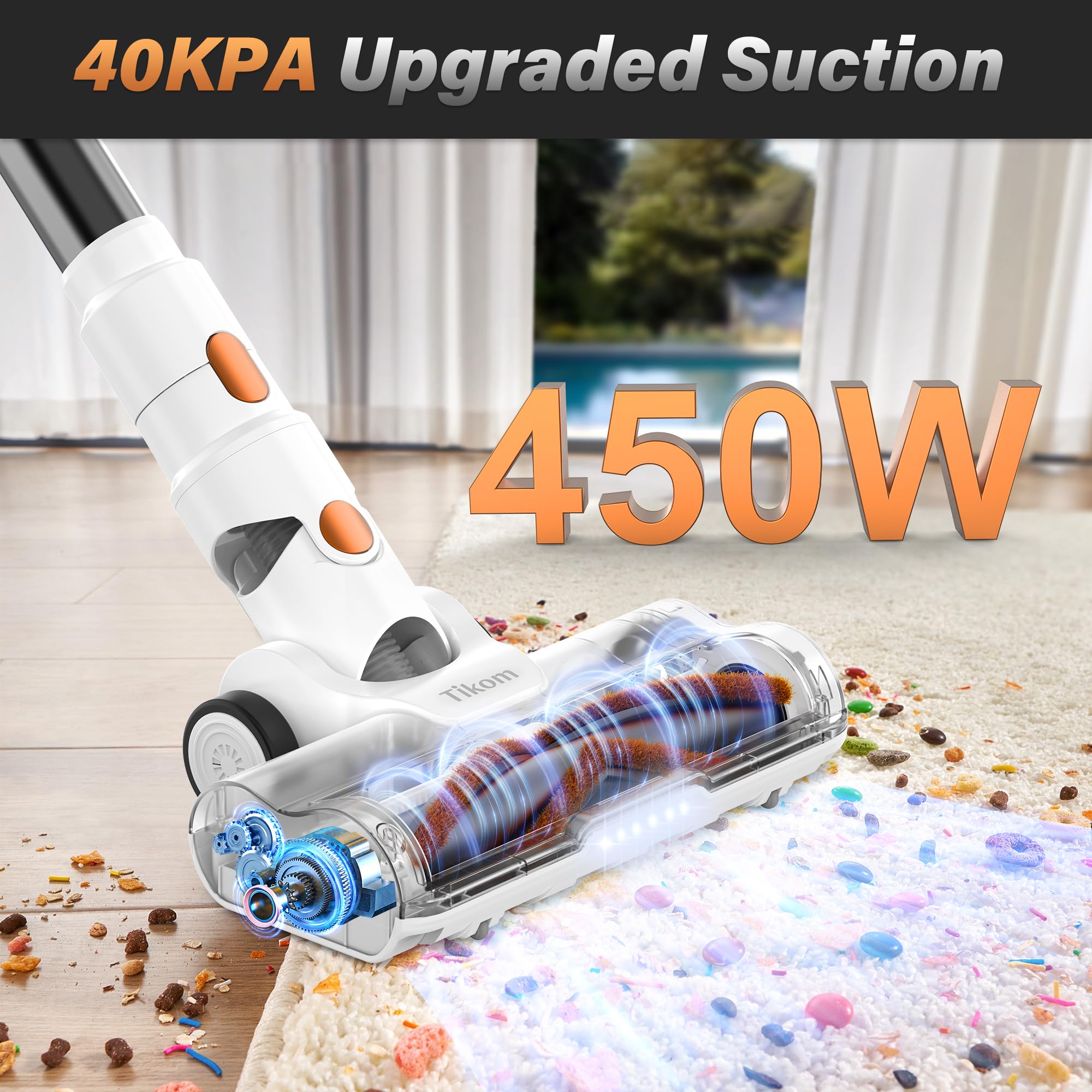 Tikom V500 Cordless Vacuum Cleaner For Home, 40000Pa/450W Stick Vacuum With Led Touch Screen, Charging Wall Dock, Anti Tangle, L