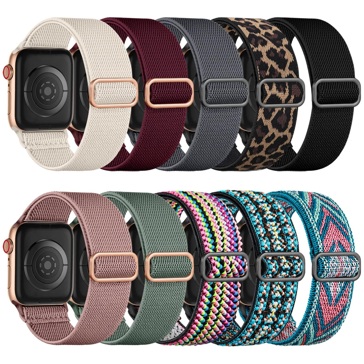 Maledan 10 Pack Stretchy Nylon Solo Loop Bands Compatible With Apple Watch Band 38Mm 40Mm 41Mm Women Men,Adjustable Braided Spor
