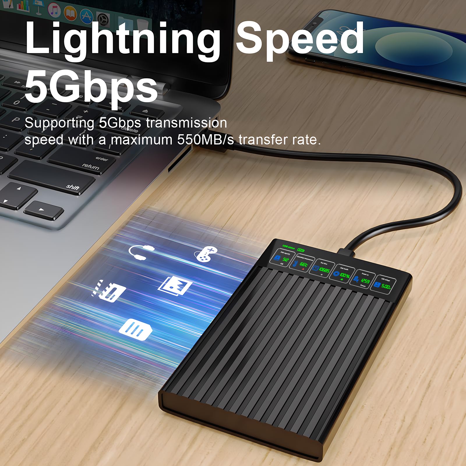 ShuoLe 2.5 Inch SATA to USB-C 3.2 External Hard Drive Enclosure U25T-P with LCD Display ABS Black