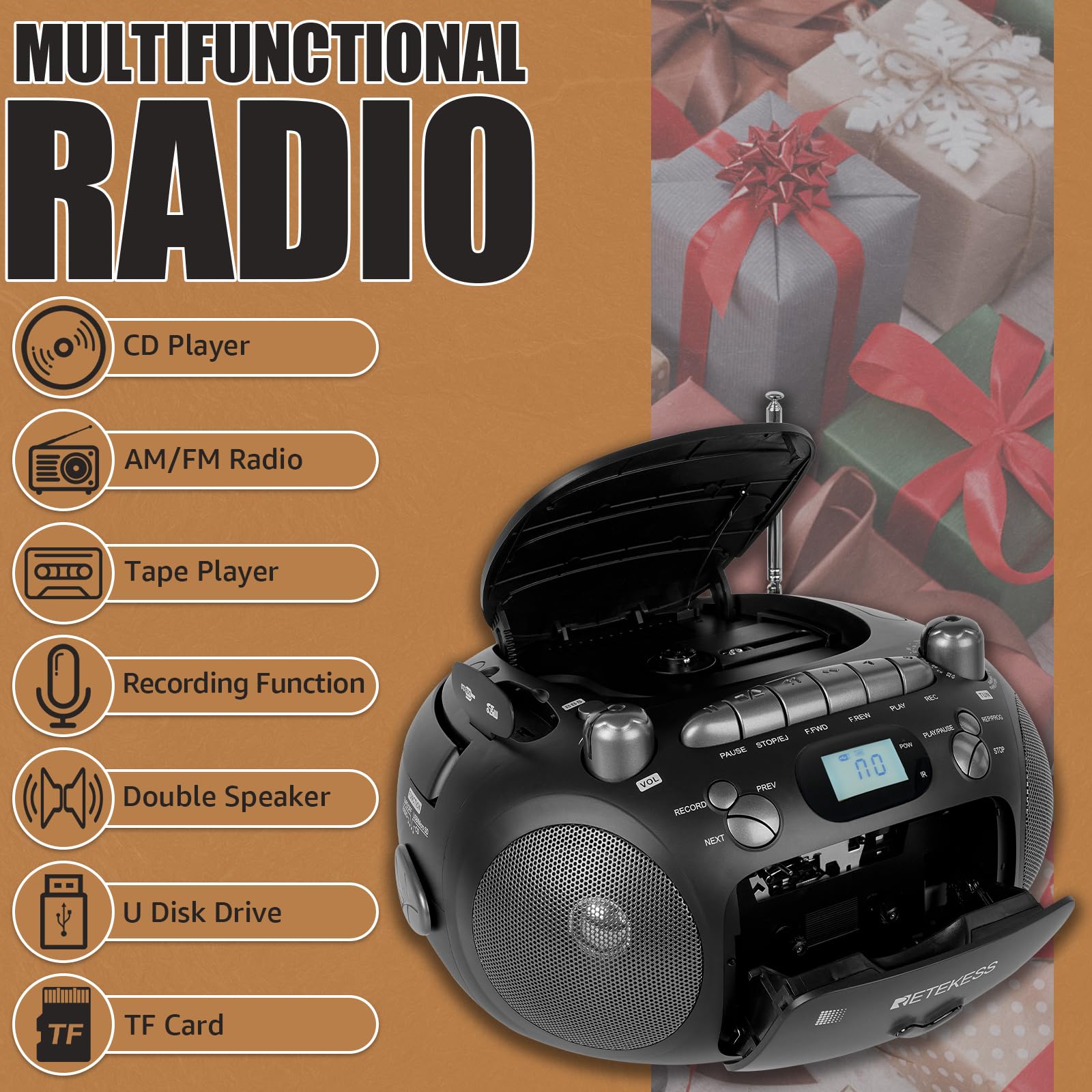 Retekess Tr630 Cassette Tape Player, Cd Boombox Radio, Portable Cd And Cassette Player Combo, Recording Transcription, Usb, Micr