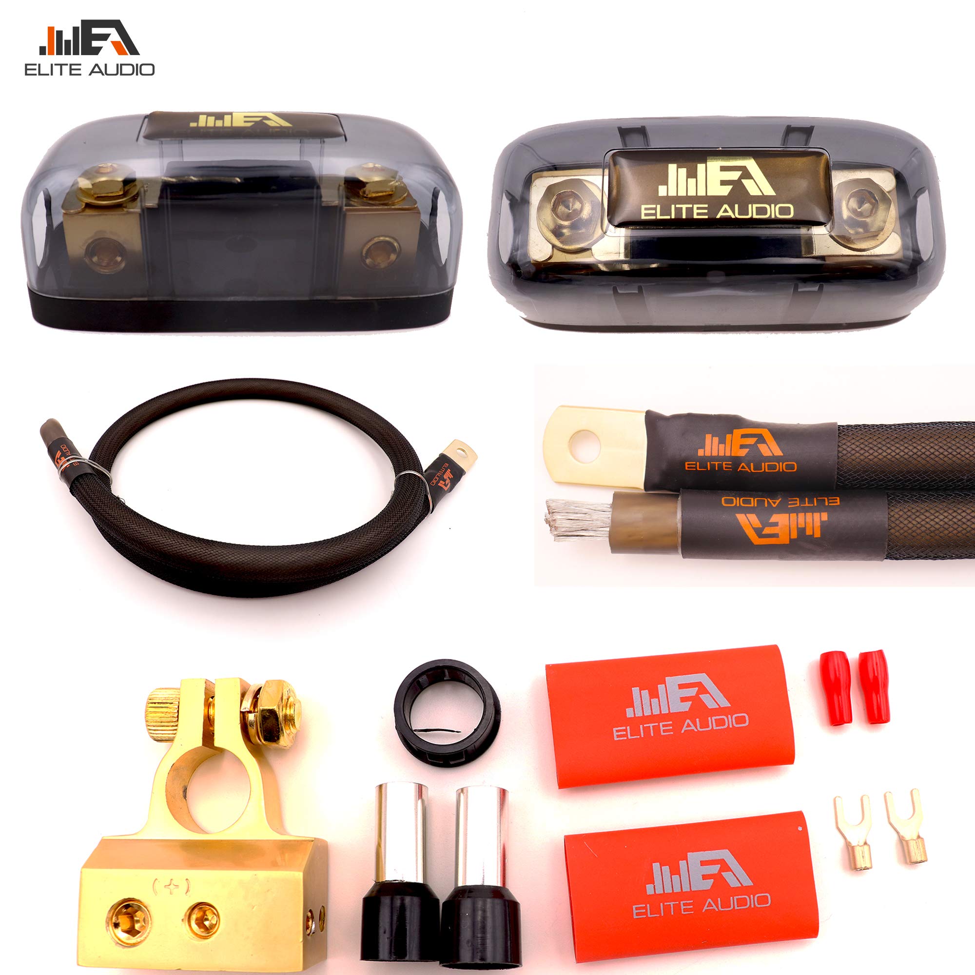 Elite Audio 0 Gauge OFC Installation Amplifier Wiring Kit - 5000W, Tinned Copper, Brass Fuse Holder, Model EA-PROK0, Red