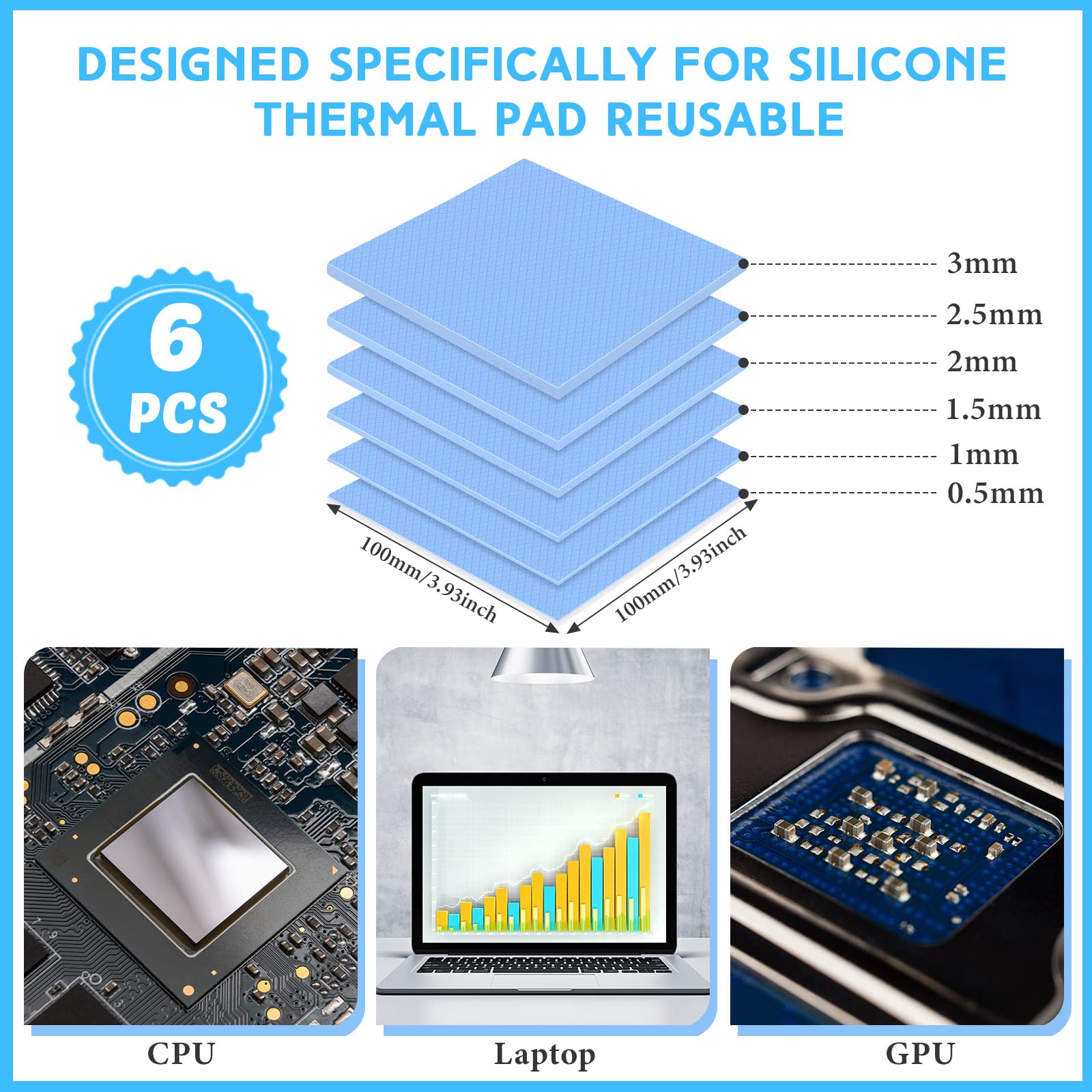 Frienda 6 Pcs Thermal Pad 100 X 100 Mm, 0.5 Mm, 1 Mm, 1.5 Mm, 2 Mm, 2.5 Mm, 3 Mm Heat Resistant Conductive Silicone Pad Thermal