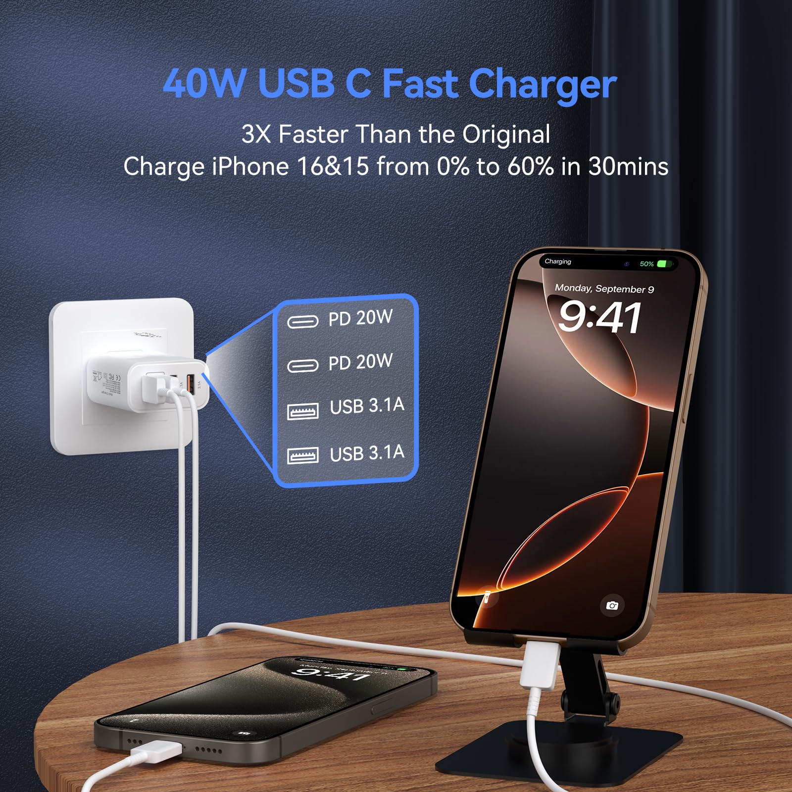 Usb C Wall Fast Charger Block, 40W 4 Port Type C Charger Fast Charging Blocks Pd Power Charger Adapter+Qc 3.0 Usb Multiport Char