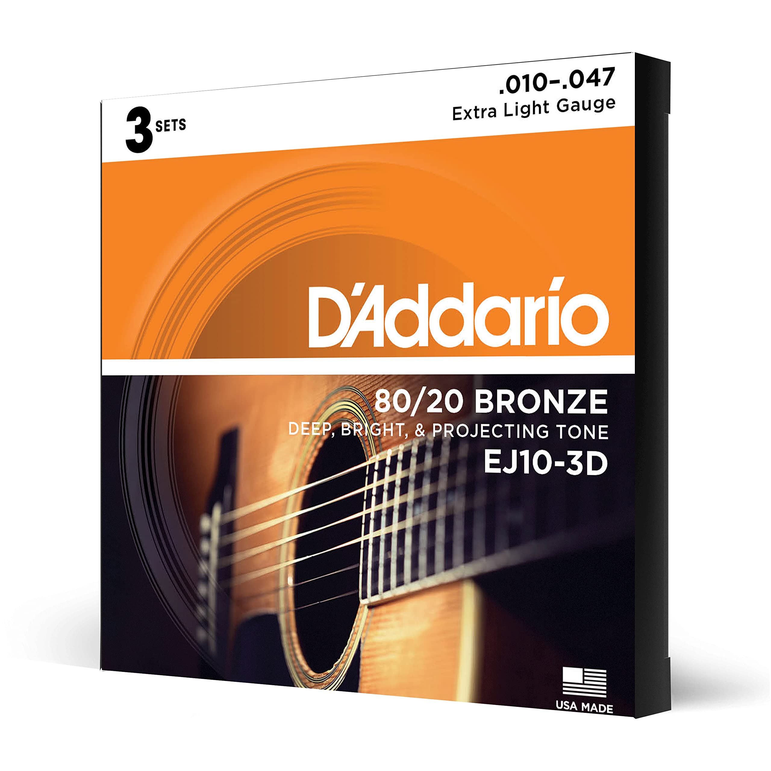 D'Addario Guitar Strings   Acoustic Guitar Strings   80/20 Bronze   For 6 String Guitar   Deep, Bright, Projecting Tone   Ej10 3