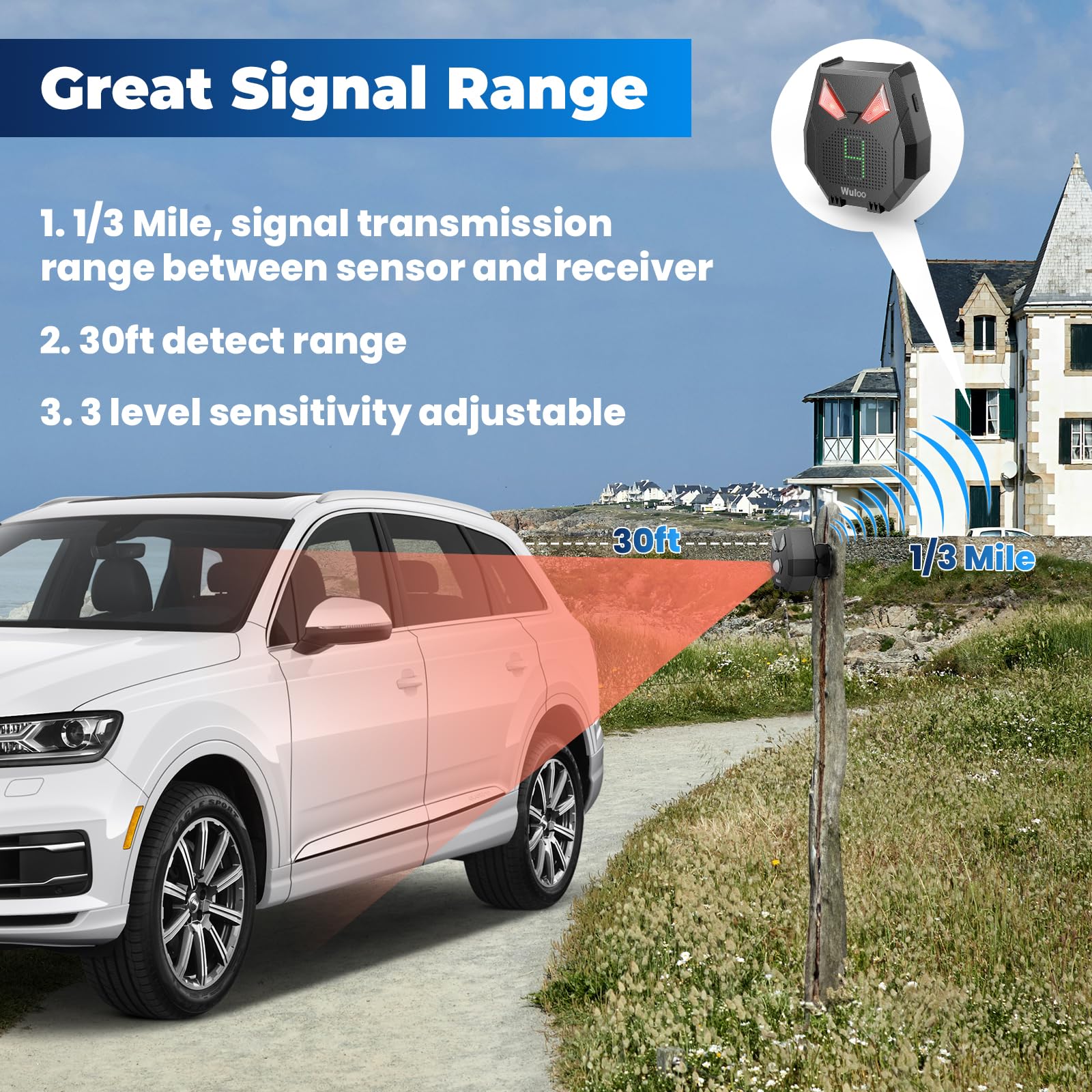 Solar Wireless Driveway Alarm, Outdoor Motion Sensor Detector Alarms Driveway Alert System 2000Ft Long Range With Rechargeable B