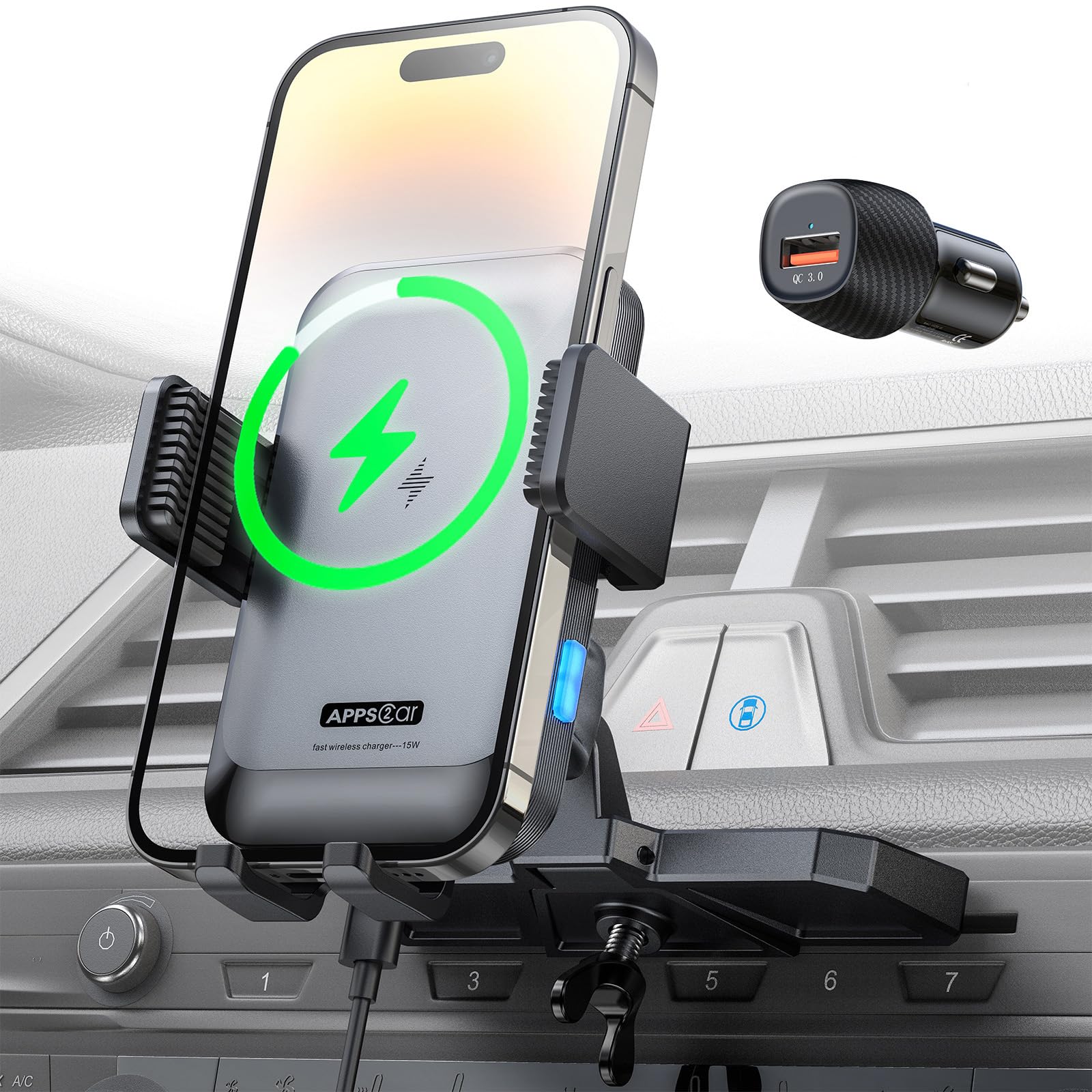 Apps2Car Wireless Car Charger Mount Cd Slot Auto Clamping 15W Fast Charging Cd Phone Holder For Car Wireless Charger Fit For Iph