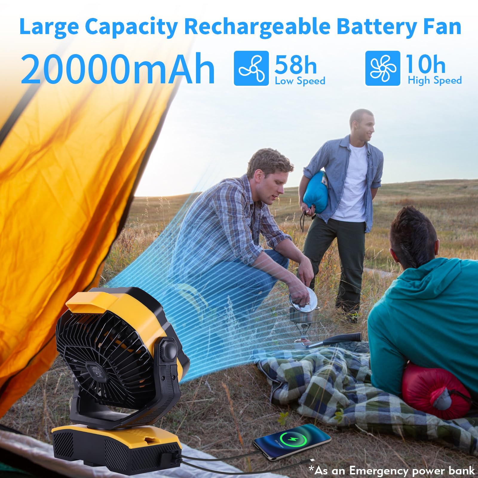 Westtree Camping Fan 20000Mah Rechargeable Battery Operated Fan Outdoor Tent Fan With Light & Hook, 270 Pivot, Knob Speeds, Pers