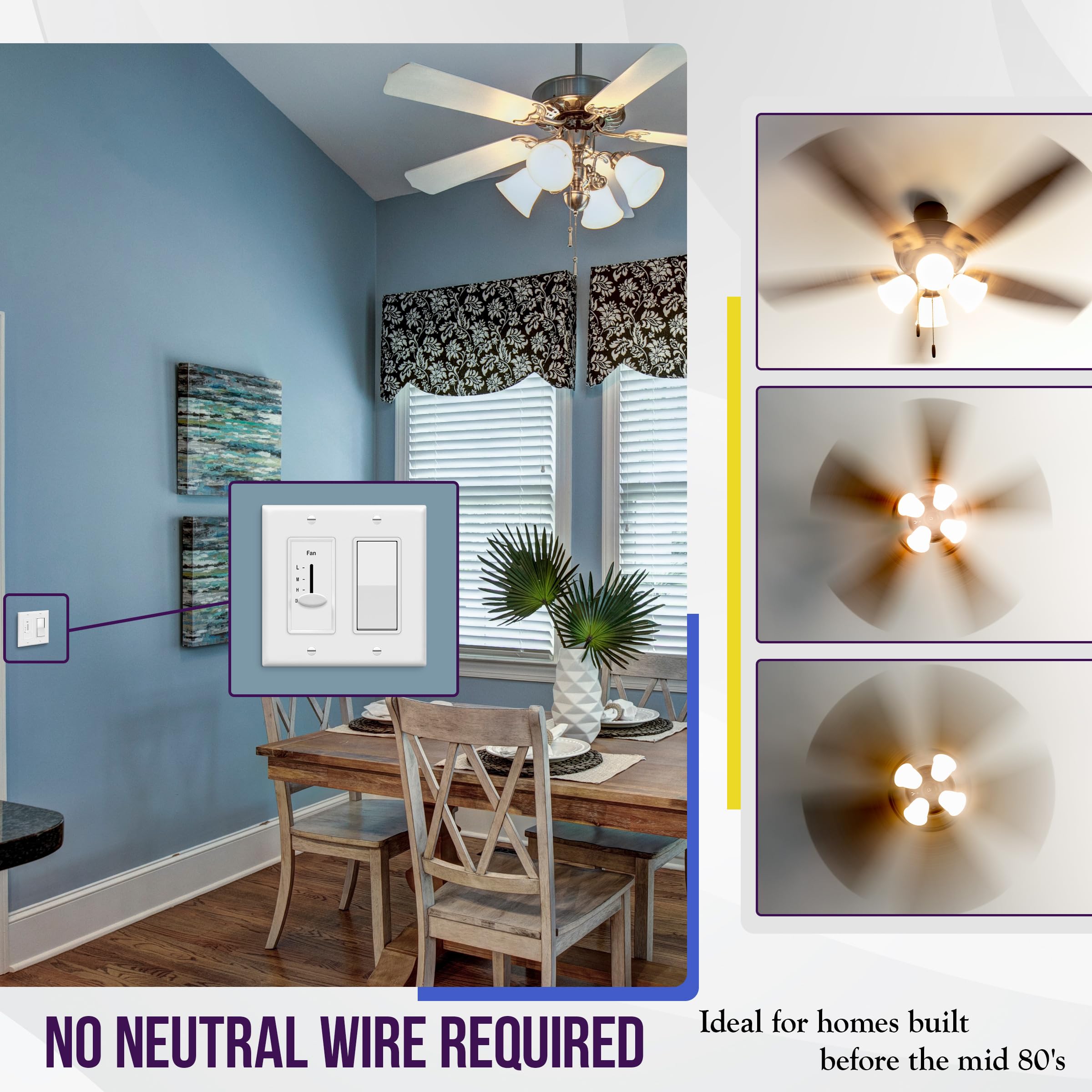 Enerlites 3 Speed In Wall Ceiling Fan Control, Slide Switch, 120Vac, 2.5A, Single Pole, No Neutral Wire Required, 17000 F3 W F,