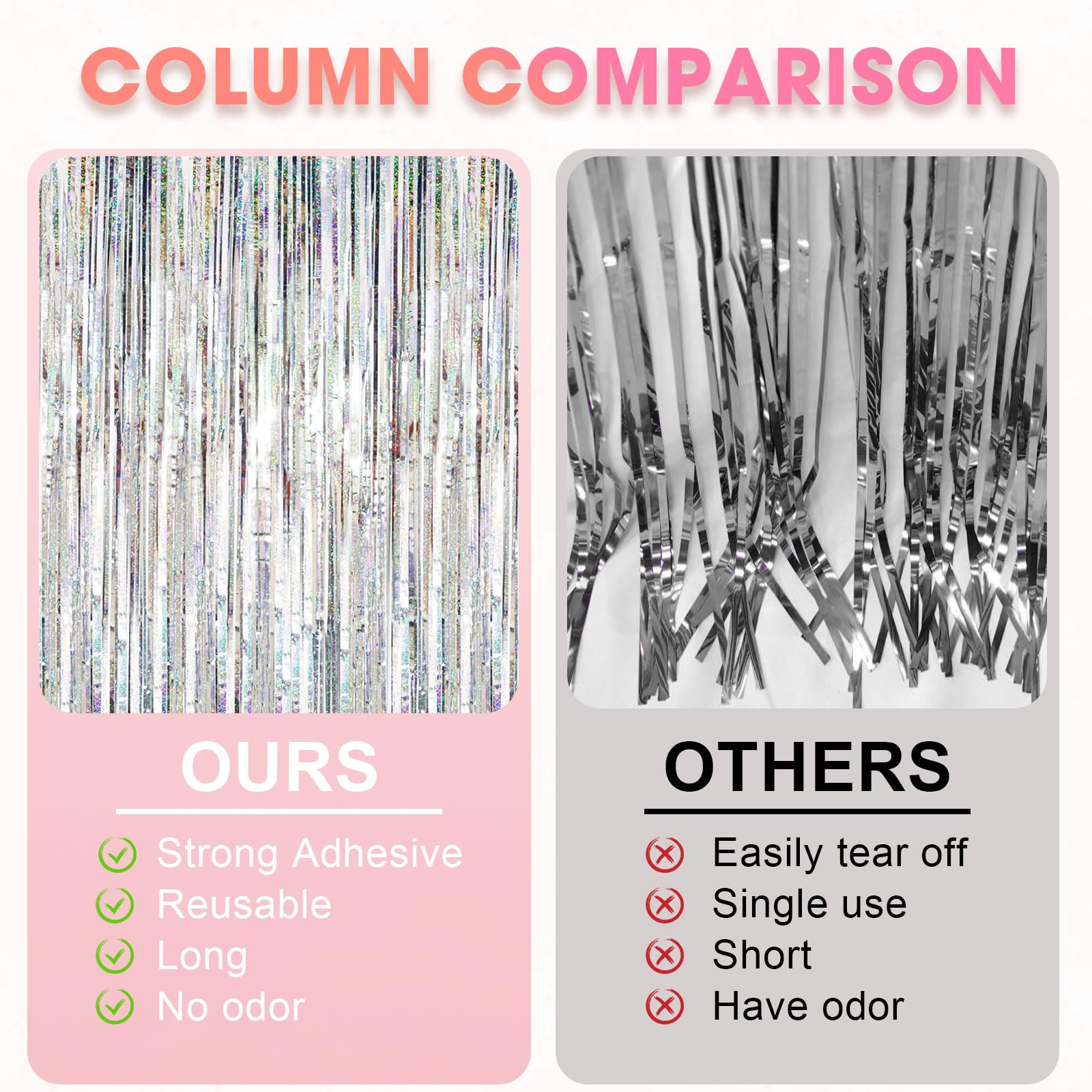 Voircoloria 2 Pack Laser Silver Tinsel Foil Fringe Curtains, Silver Party Decorations, Metallic Tinsel Party Streamers Backdrop