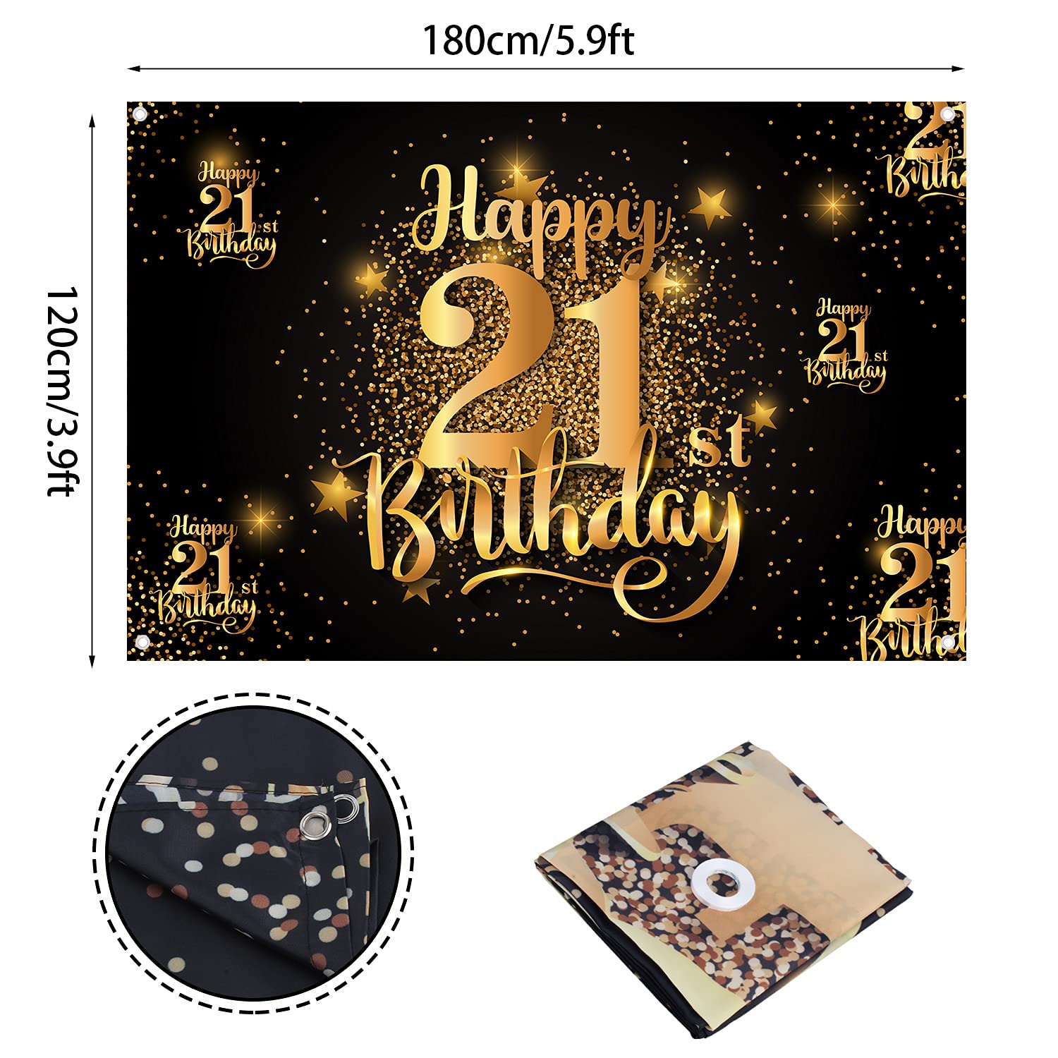 Happy 21St Birthday Backdrop Banner Step And Repeat 21 Years Old Background Decorations Black Gold For Women Men Her Him Photogr