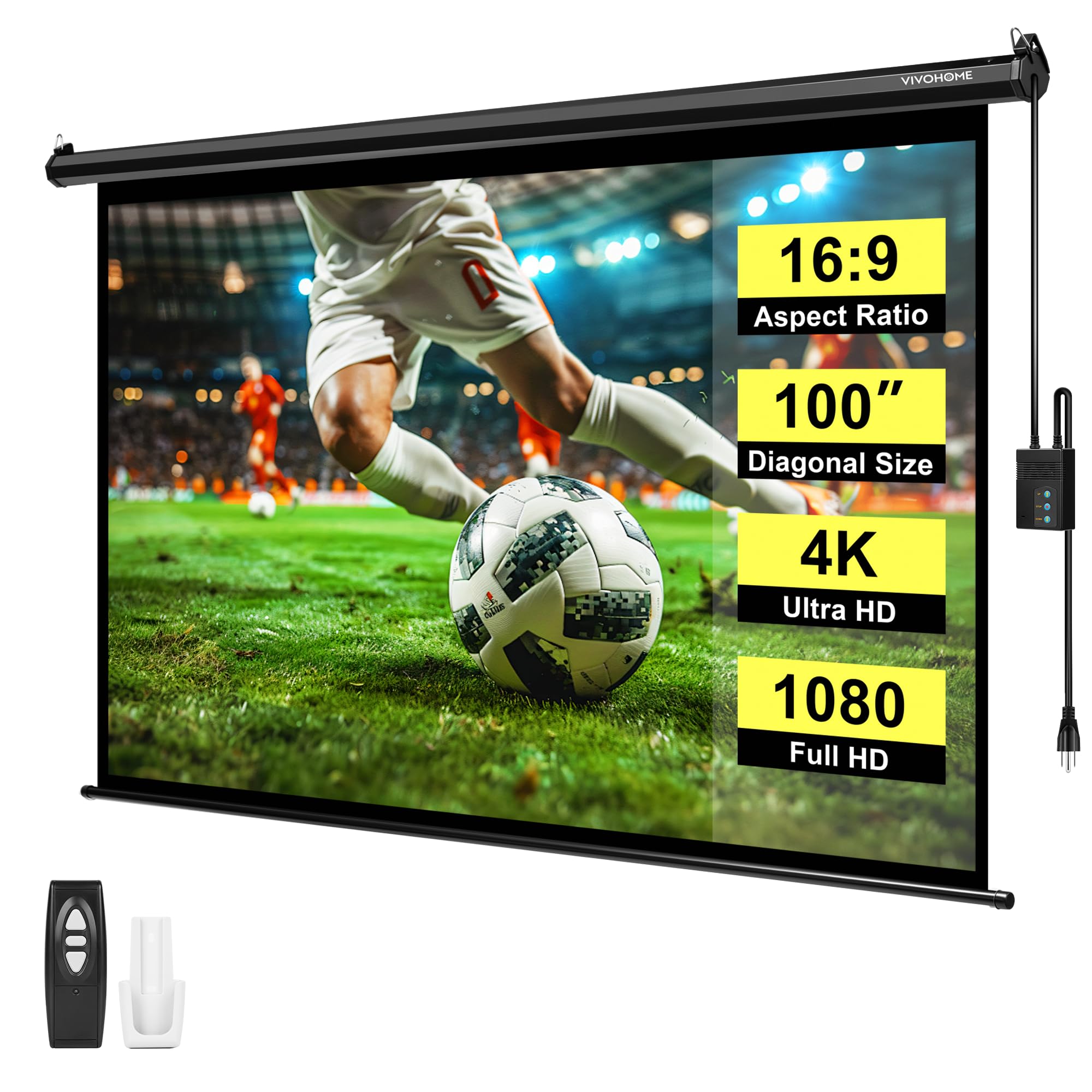 VIVOHOME Motorized Projector Screen with Remote, 16:9 100 Inch Auto Electric Projection Screen, HD 4K Movie Screen for Home Thea