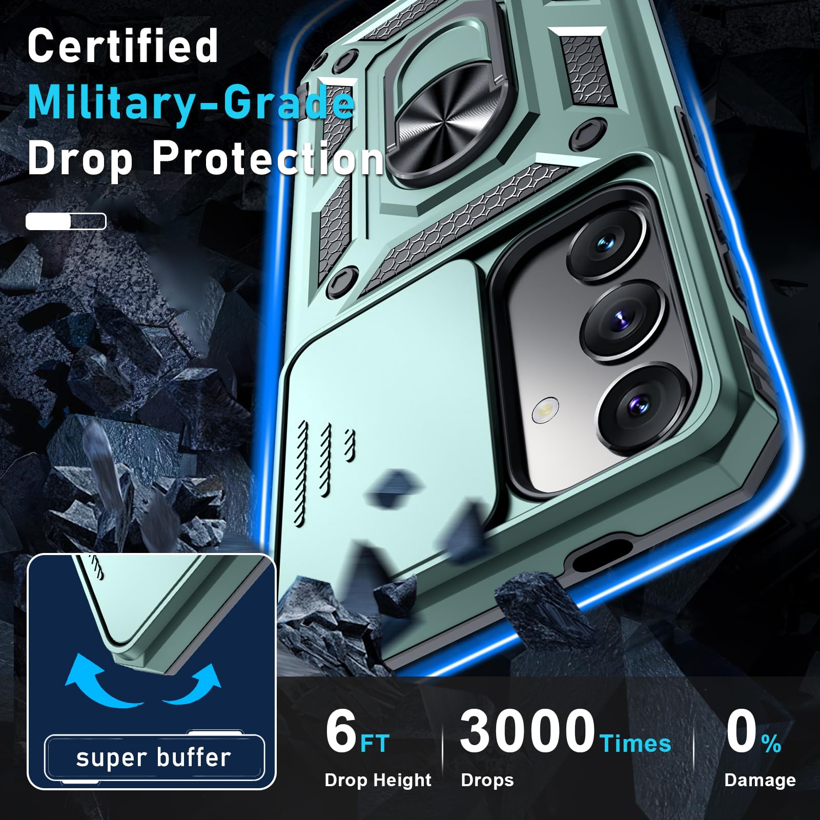 Janmitta Compatible With Samsung Galaxy S24+ Plus Case Built In Slide Camera Lens Cover+Screen Protector+Finger Ring Holder Kick