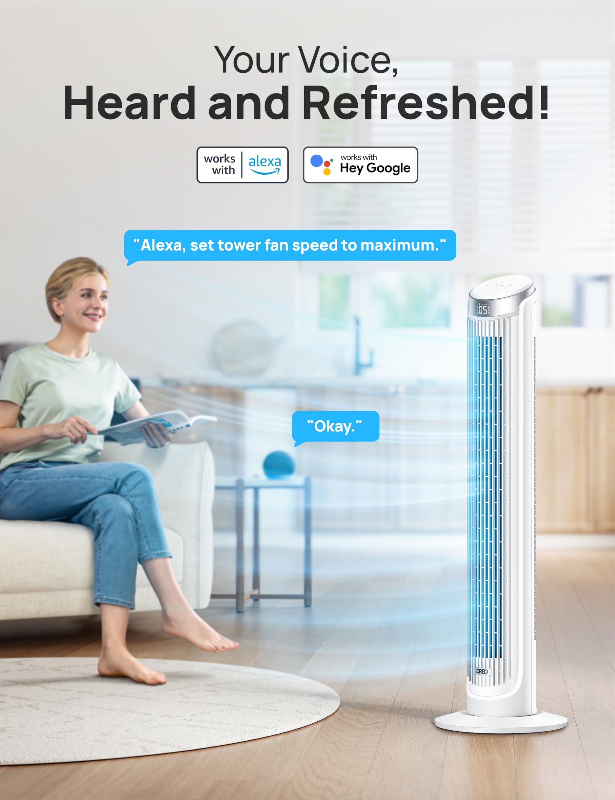 Dreo Smart Tower Fan For Bedroom, Standing Fans For Indoors, 90 Oscillating, 26Ft/S Velocity Quiet Floor Fan With Remote, 8H Tim