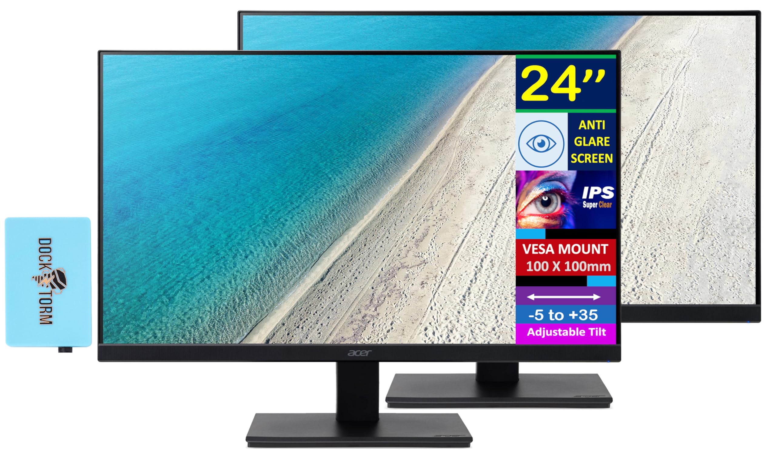 acer 24 FHD IPS Monitor with 4 ms Response Time, Anti-Glare, Adaptive Sync, Integrated Speakers, VESA Mount (100mm) & Dockztorm