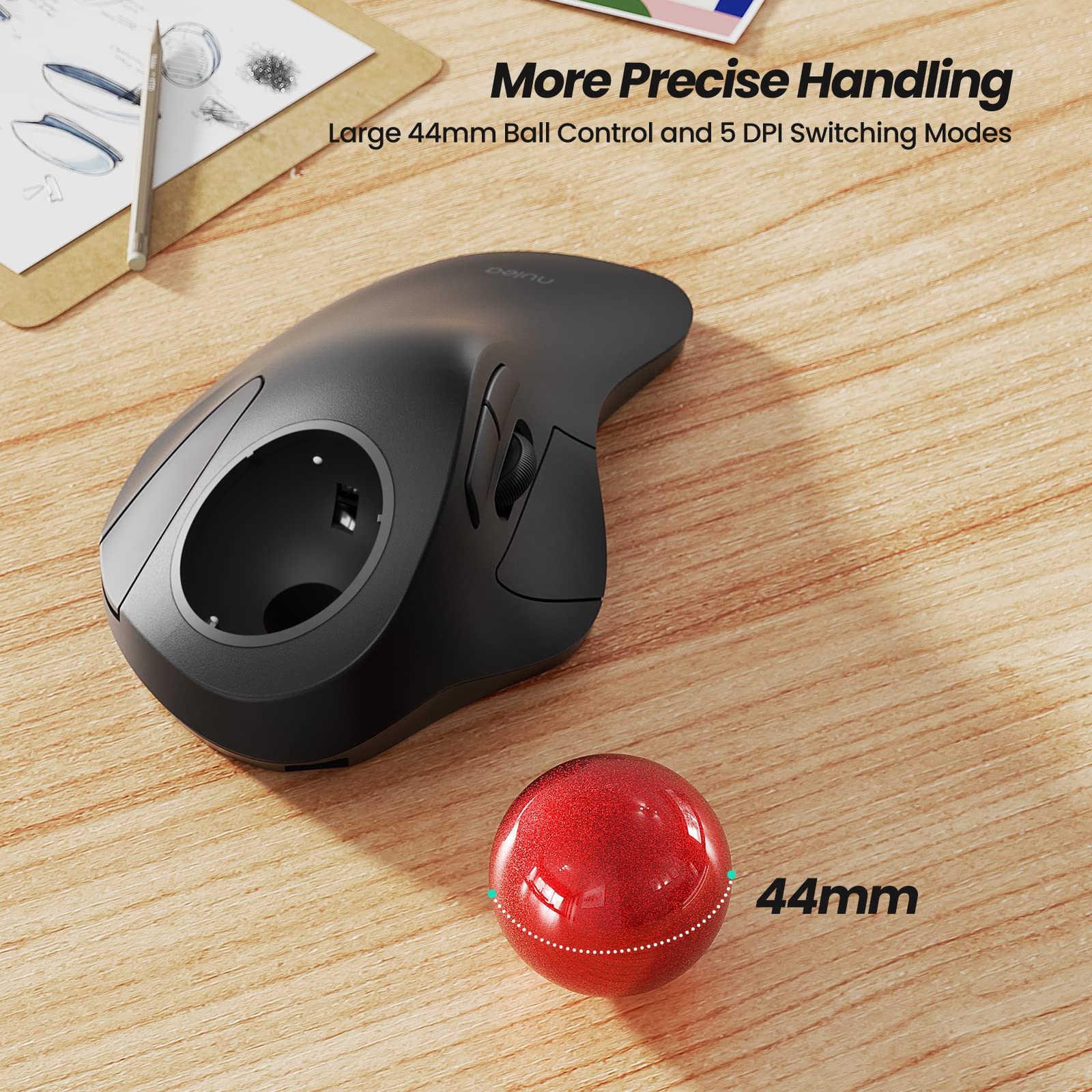Nulea Wireless Ergonomic Trackball Mouse, Rechargeable, Bluetooth, 44Mm Index Finger Trackball, 5 Adjustable Dpi, Compatible Wit
