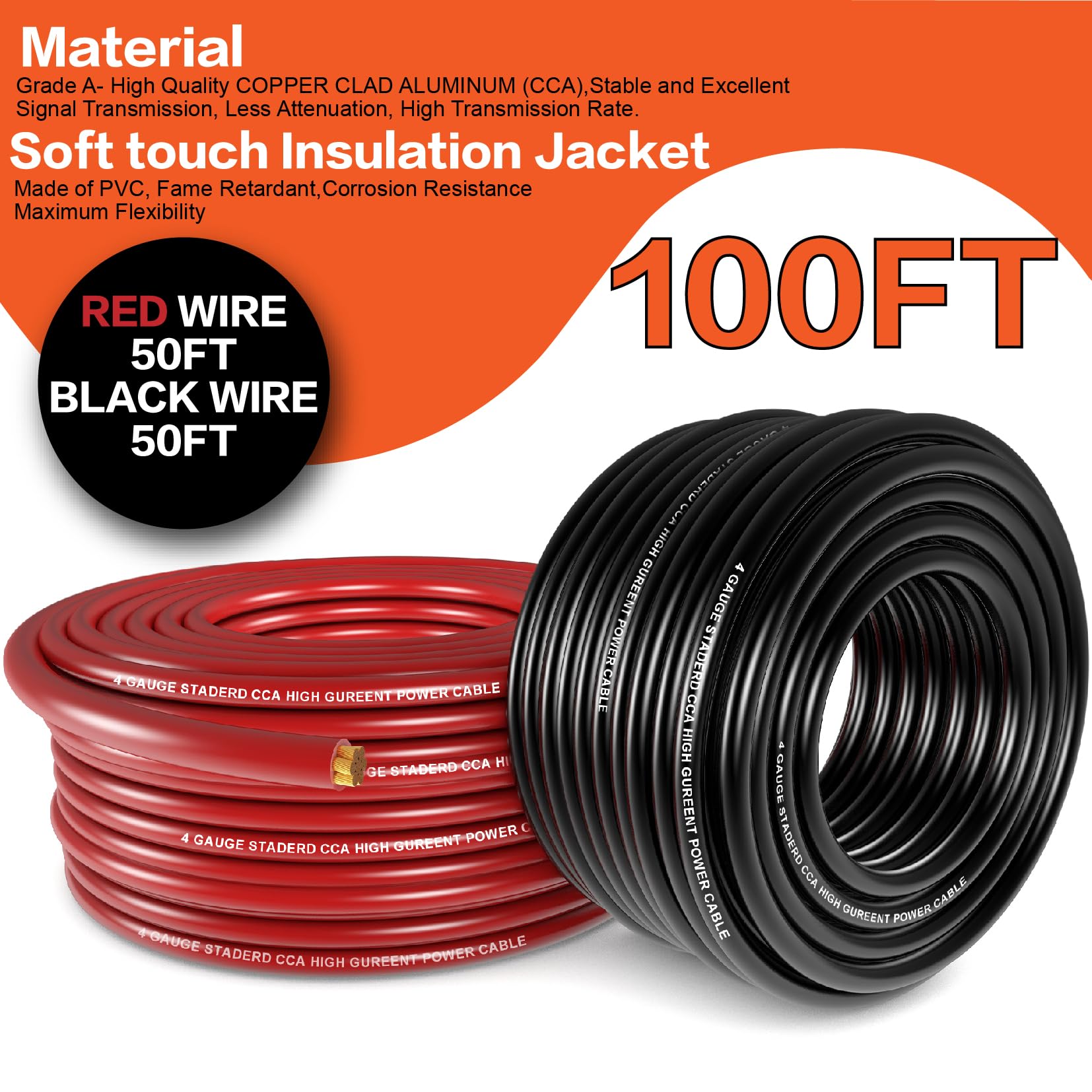 4 Gauge Wire (50Ft Each   Red/Black) Copper Clad Aluminum Cca With Cable Cutter,Lugs Terminal Connectors And Heat Shrink Tube