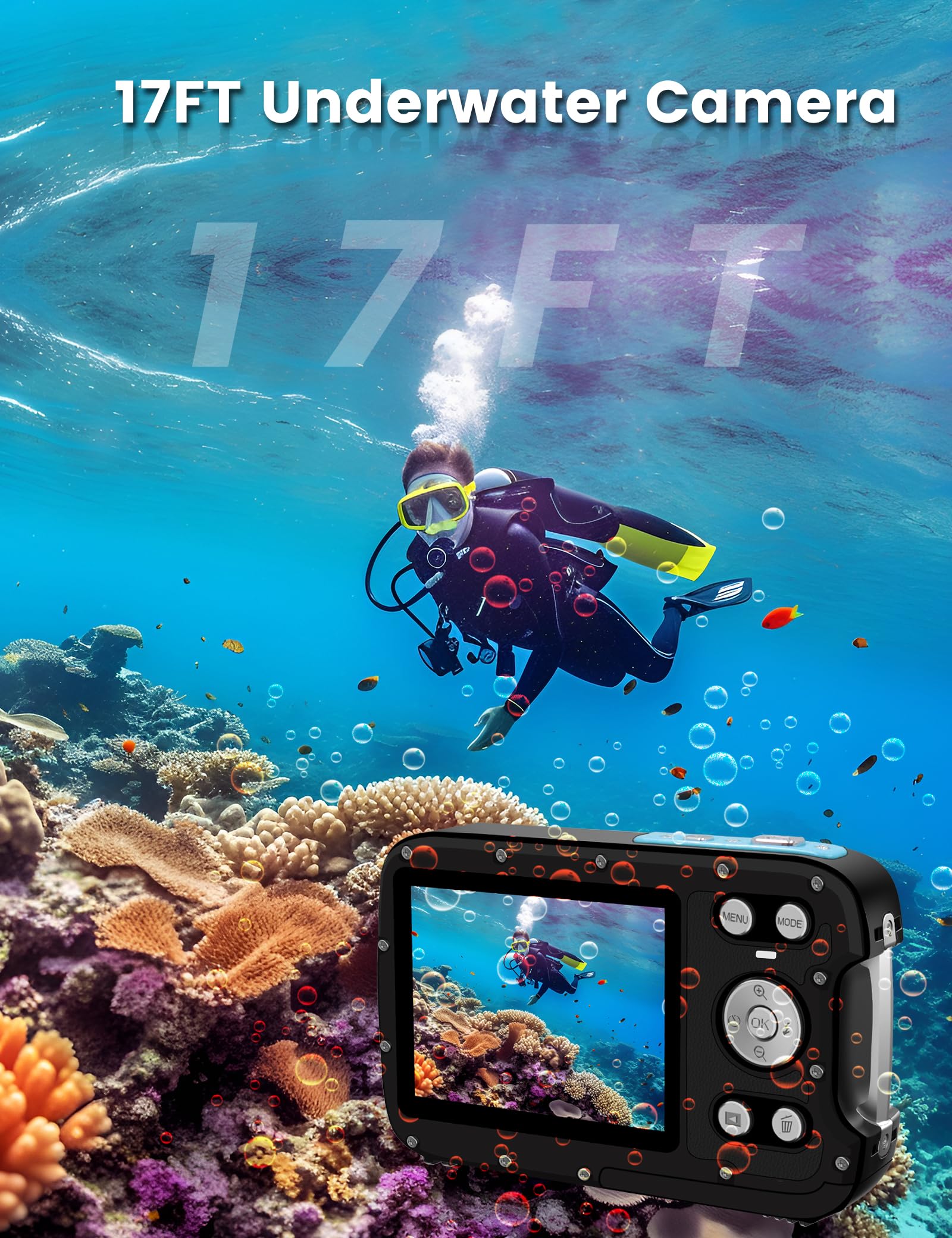Yeein Underwater Camera 4K 48Mp Autofocus Selfie Dual Screen Waterproof Camera With Floating Strap And 32Gb Card, 17Ft Compact W