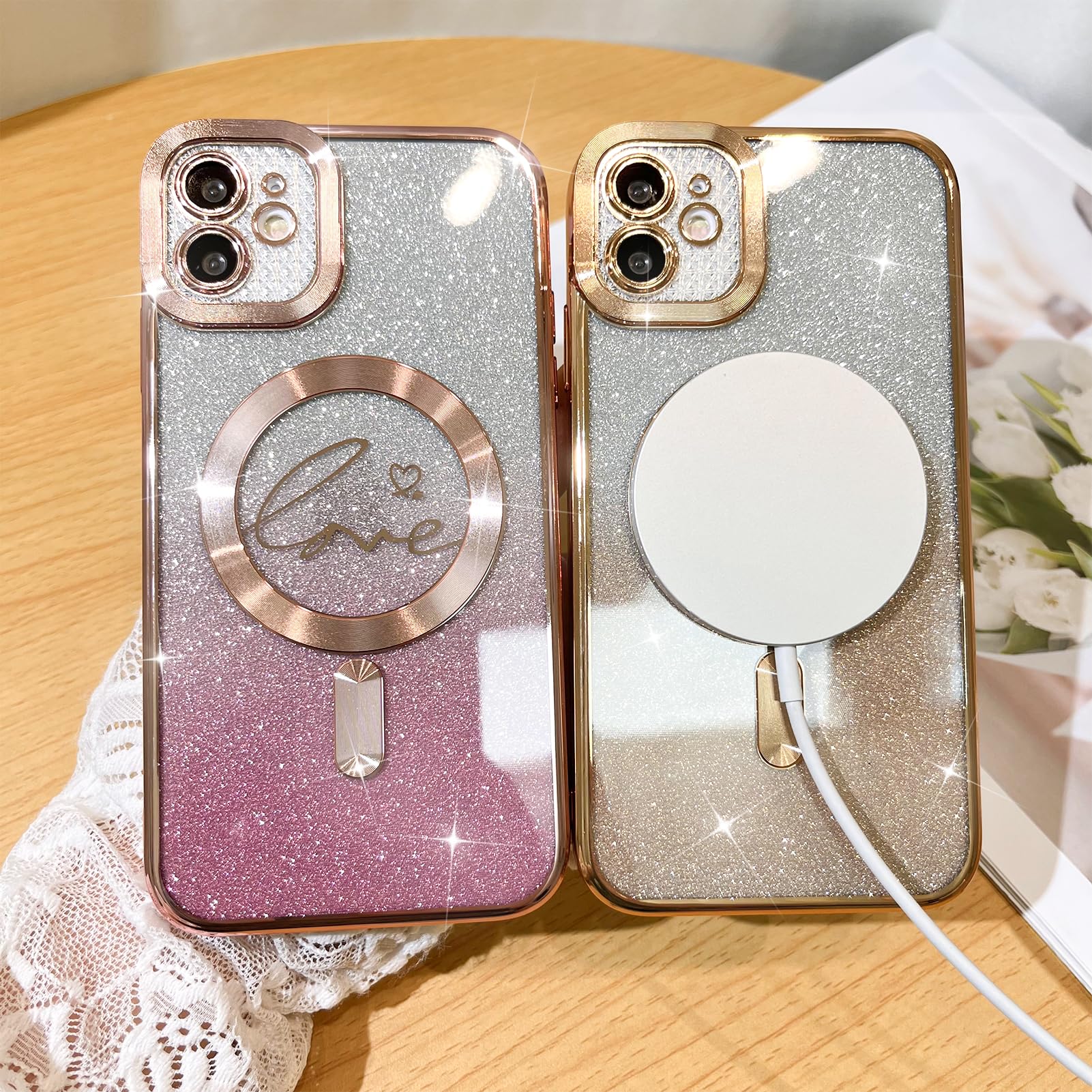 Fiyart Compatible With Iphone 12 Case,Compatible With Magsafe Love Heart Plating Camera Protection Clear Phone Case, Magnetic Gl