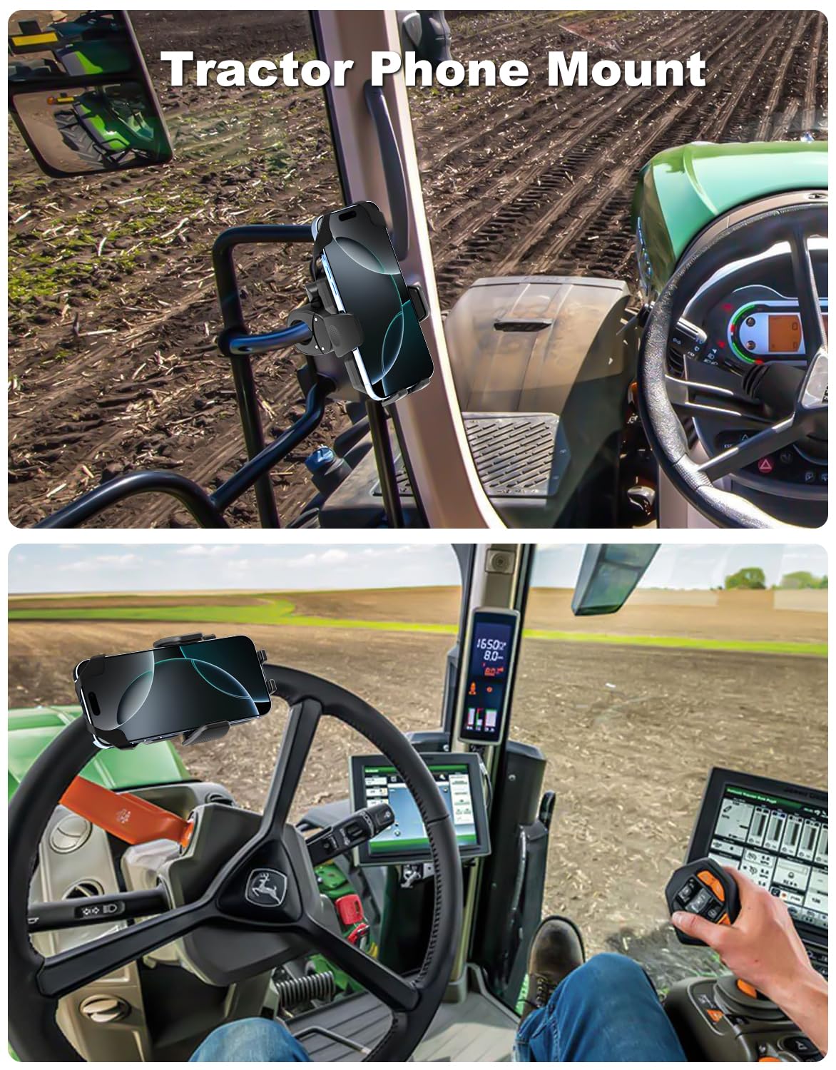 Dosvsi Tractor Phone Clamp Mount, [Upgraded Secure Tether] Stable Cellphone Clip For Forklift/Farming Machine, Front Loader Clip