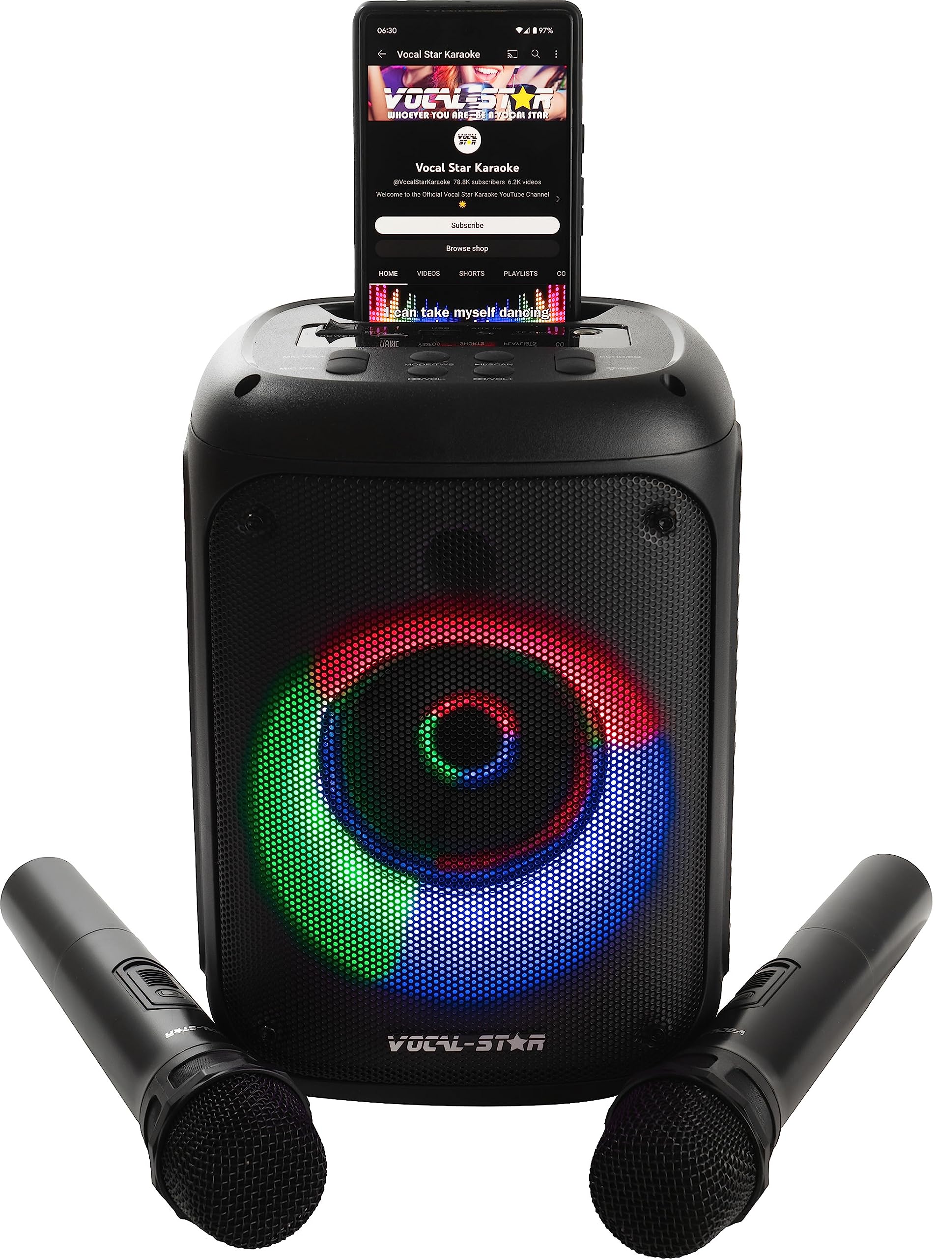 Vocal Star Portable Karaoke Machine With Bluetooth, 2 Wireless Microphones, Karaoke System, 60W Speaker, Party Lights Effects, R