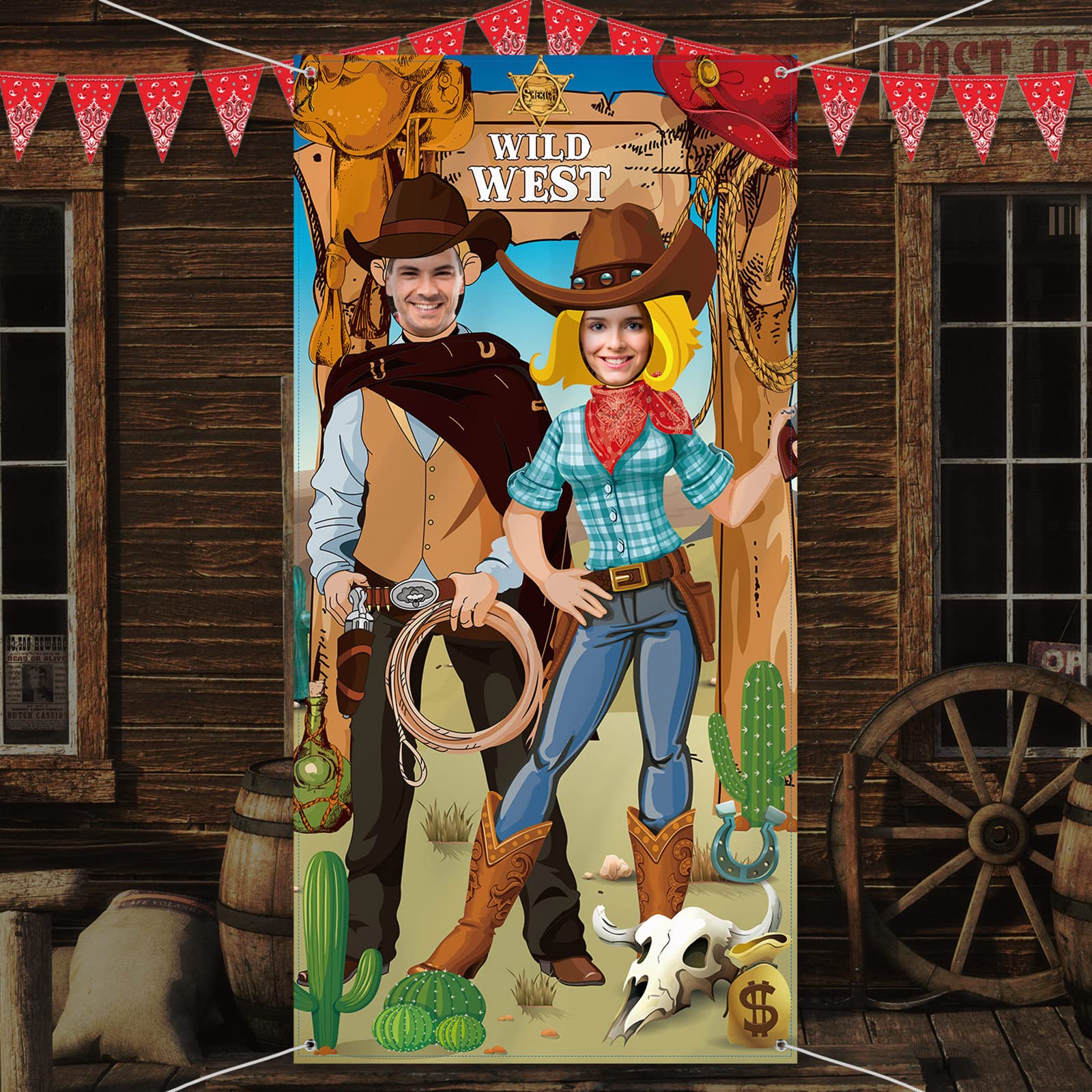 Blulu Cowboy Party Decorations Western Photo Booth Props, Large Fabric West Cowboy Door Banner Background, Funny Western Games Supplies, 6 X 3 Ft