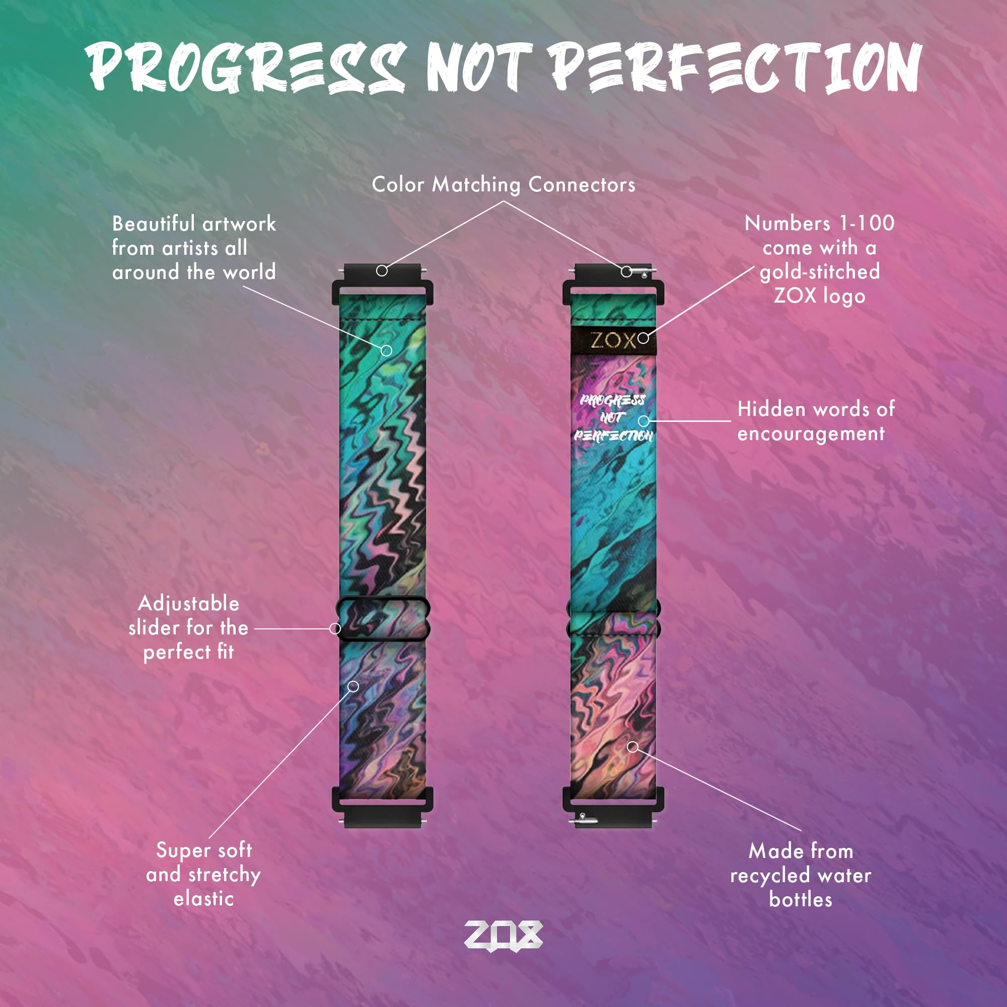 Zox Android Smart Watch Band - Progress Not Perfection | Soft, Adjustable Elastic Band With Motivational Affirmations And Beauti