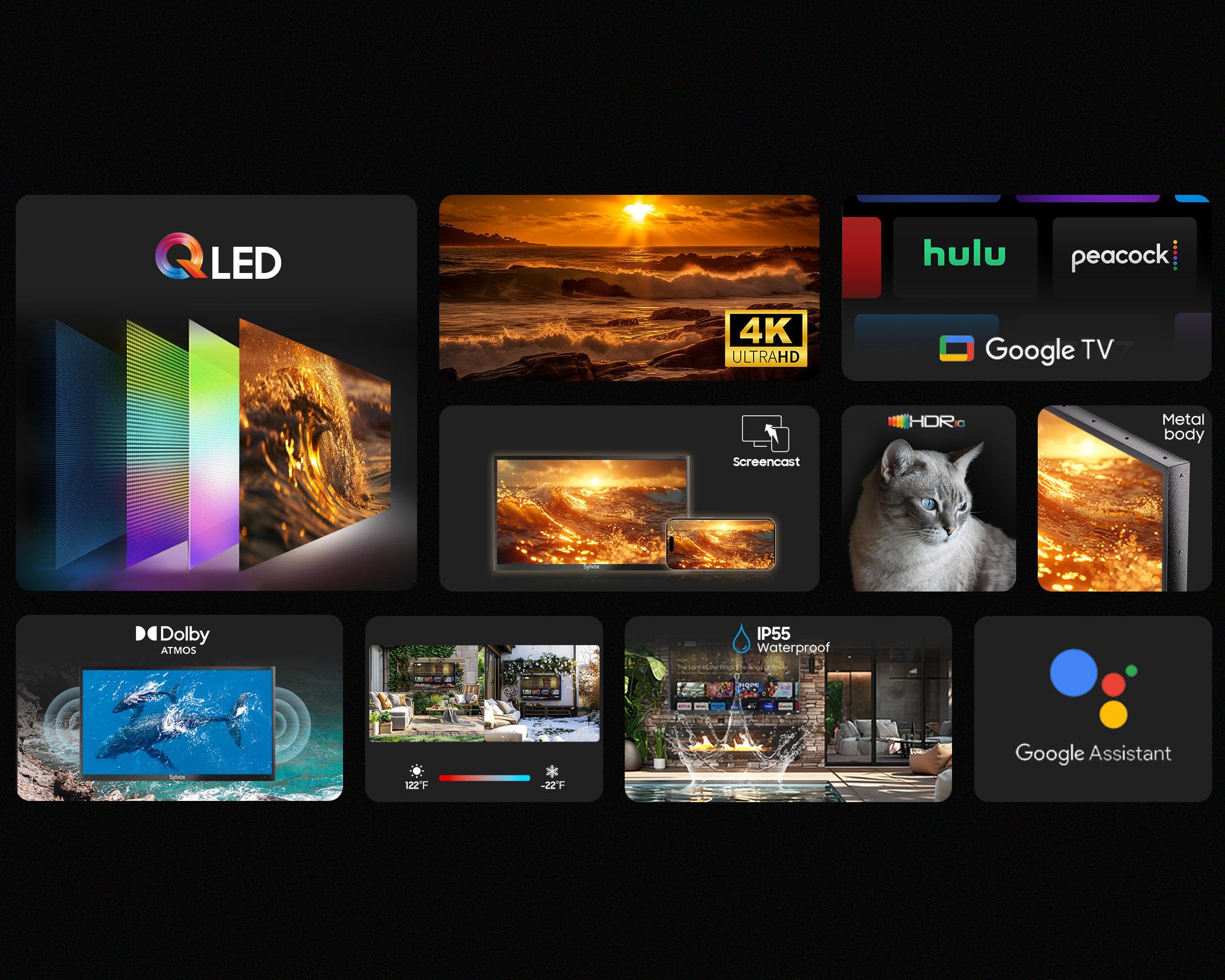 Sylvox Outdoor Tv, Smart Qled Tv 43 Inch, Weatherproof Outdoor Tvs Support Google Assistant, 4K Uhd, Wide Viewing Angle, Ip55 Wa