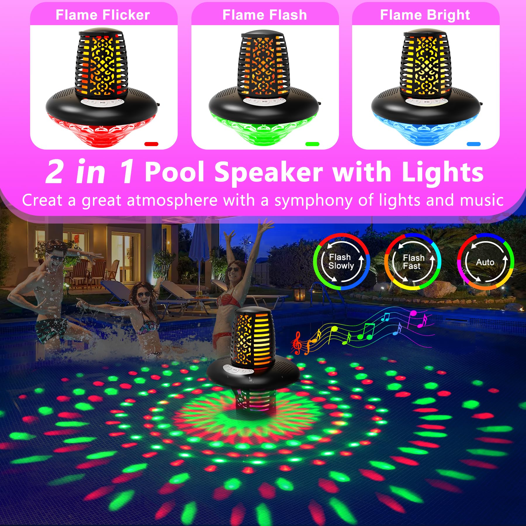Kingsom Floating Pool Speaker,Bluetooth Pool Speaker With Led Flame Light And Rgb Light,Ip68 Waterproof Bluetooth Speaker For Pool,Loud Stereo Sound,Tws Pairing,Built In Mic,Hot Tub Speaker For Shower