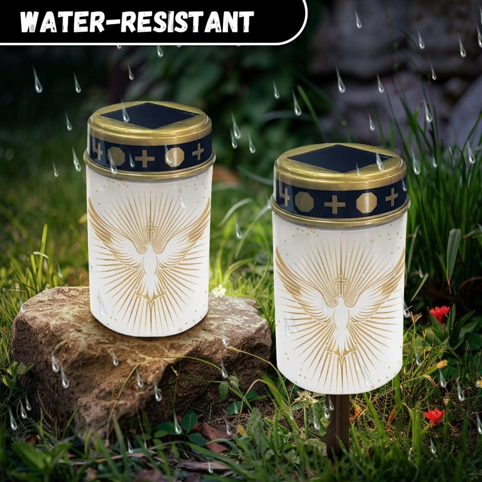 Uorisanigo Golden Peace Dove Cross Solar Grave Lights For Cemetery Flameless Solar Powered Light For Prayer Waterproof Cemetery
