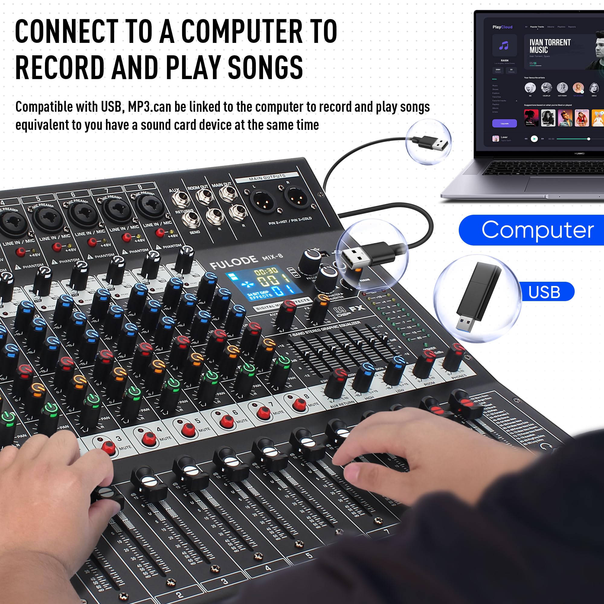 Fulode 8 Channel Professional Audio Mixer Sound Board Console 99 Bit Dsp Digital Processor W/Usb Bluetooth Mp3 For Pc Recording