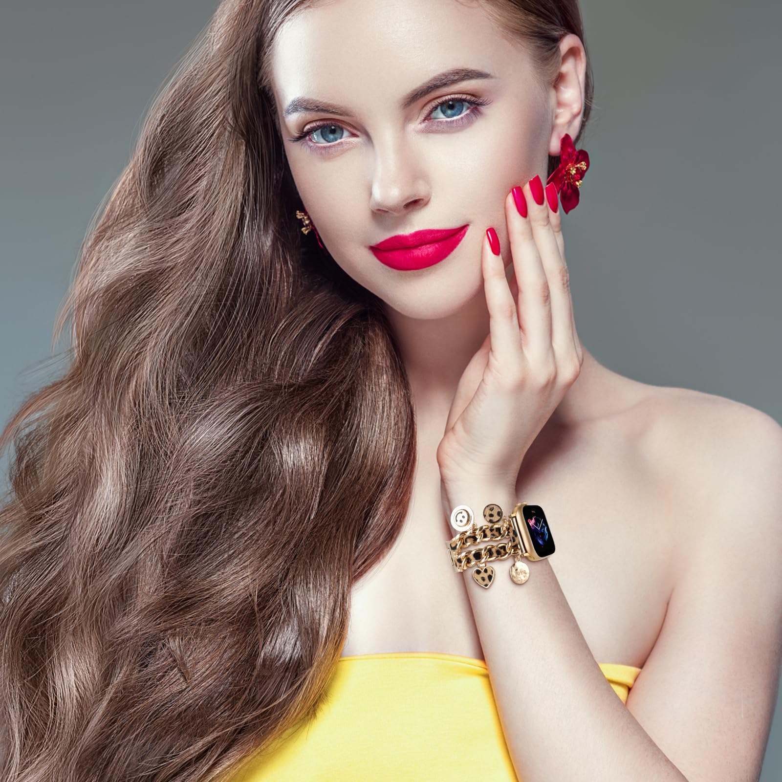 Realsign Stylish Metal Wristband Compatible With Apple Watch Band 42 44 45 46 49Mm,Cuban Chain Band Leopard Love Smile Face Pend