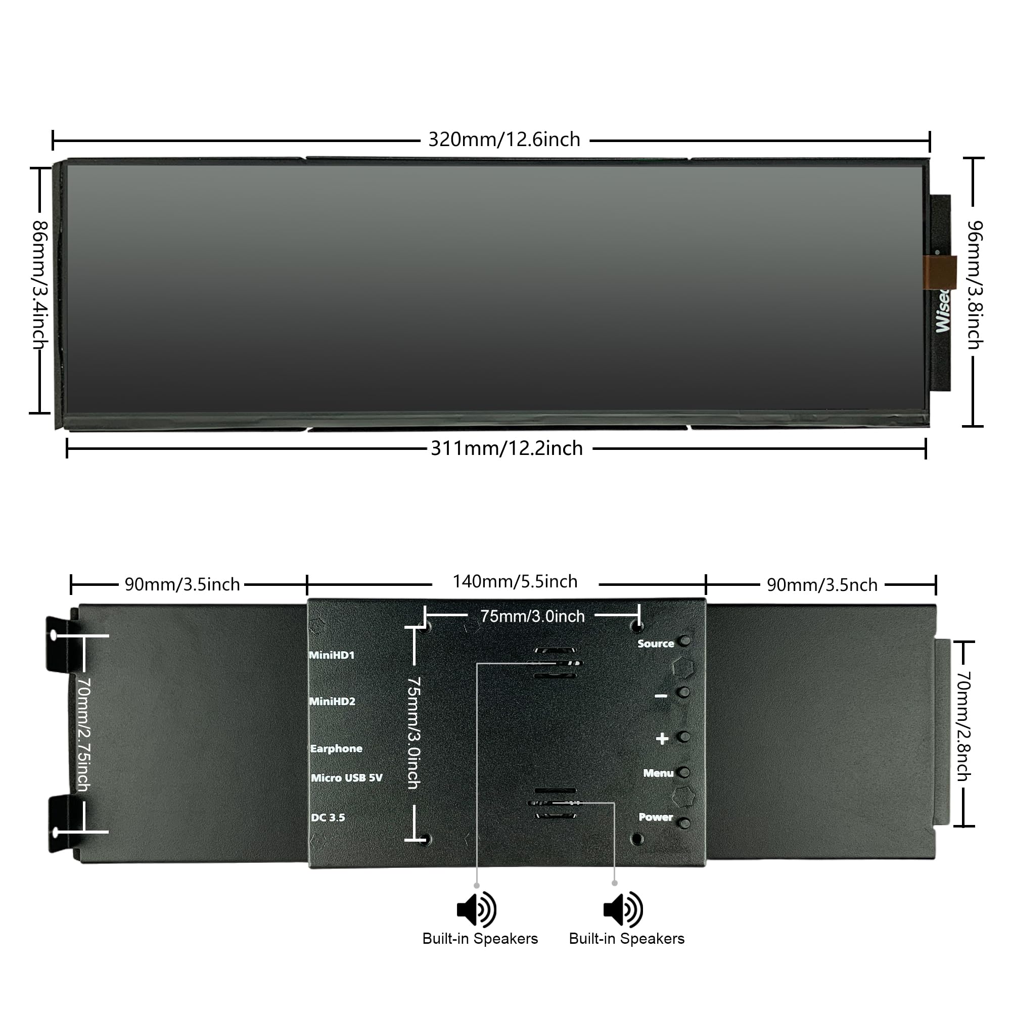 Wisecoco 12.6 Inch Bar Lcd Screen Hdmi Display Monitor 1920X515 Ips Diy Kits Dual Built In Speakers For Hyte Y60 Computer Gaming