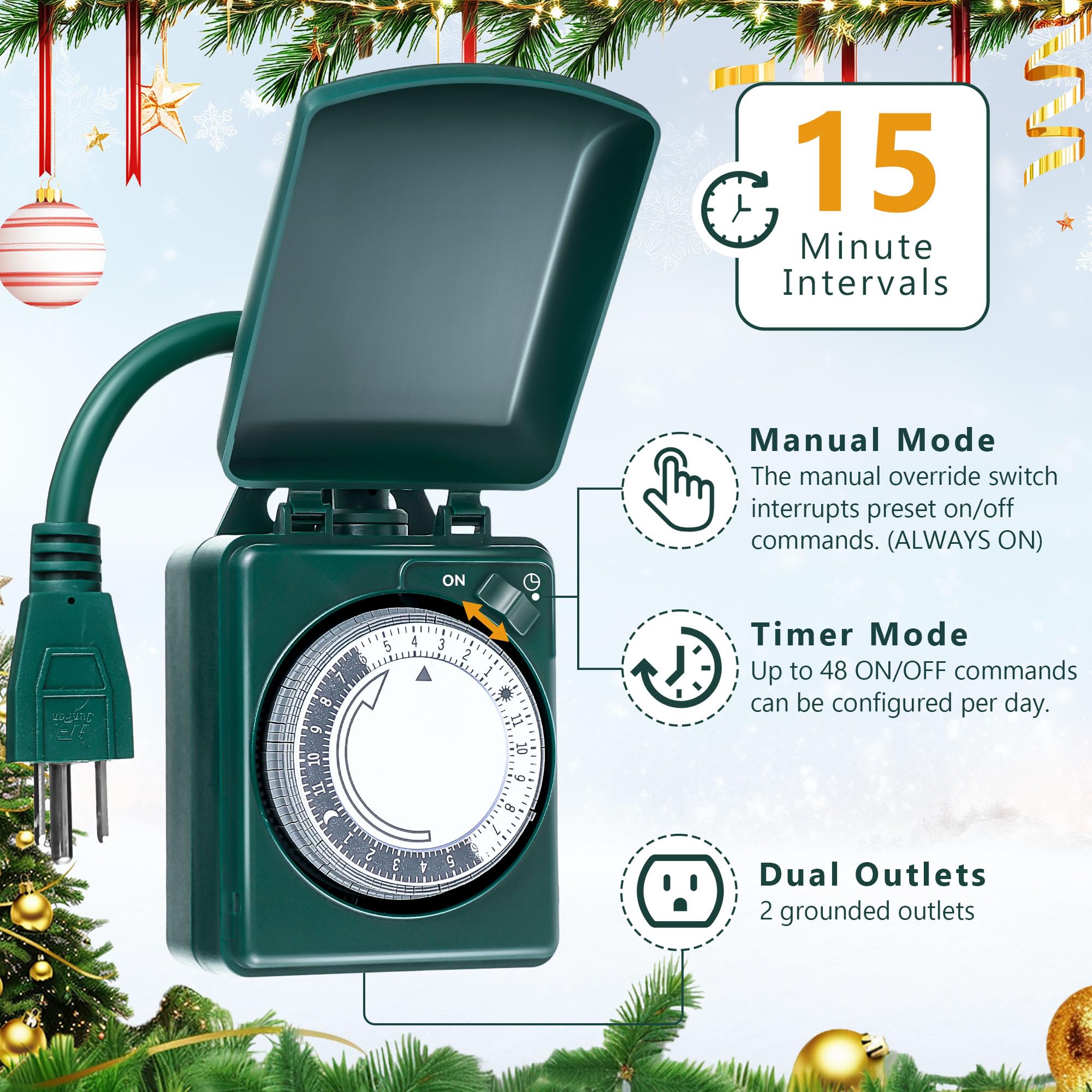 Dreyoo 24-Hour Heavy-Duty Mechanical Timer For Christmas - 2 Grounded Outlets For Xmas Decor, Waterproof, Green (2 Pcs) With 15-